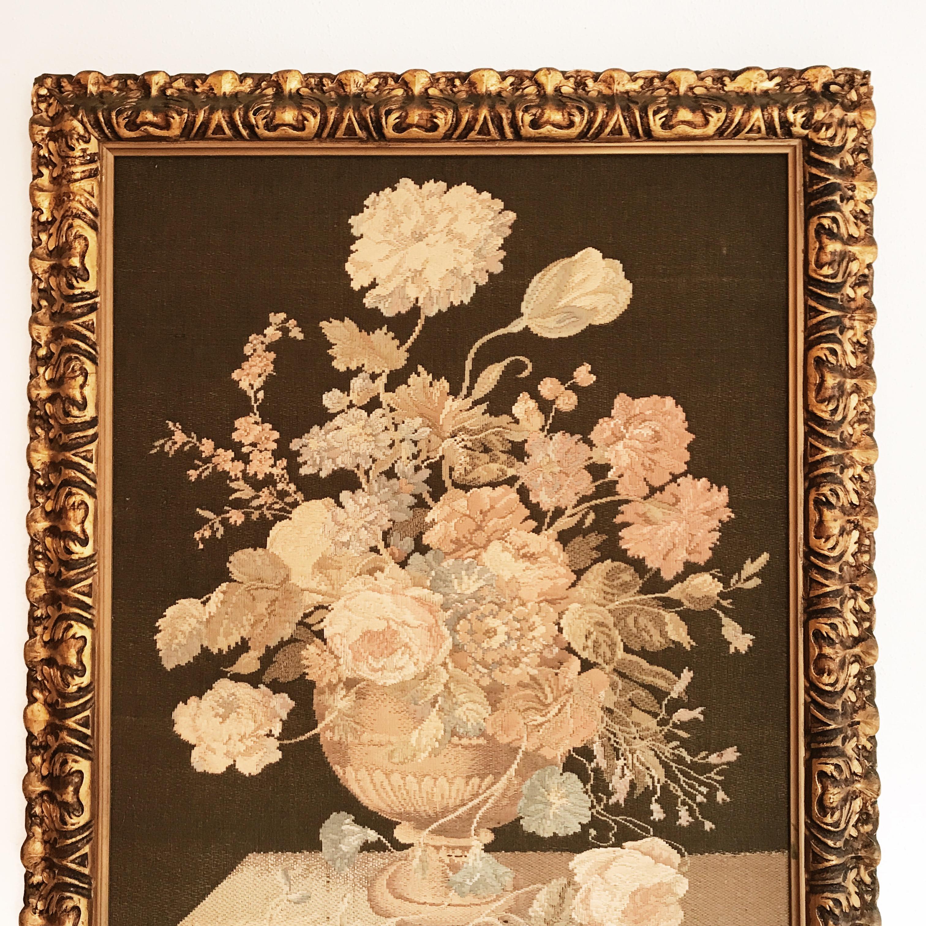 Early Machine Loom Floral Italian Tapestry in Mid-20th Century Giltwood Frame In Good Condition For Sale In Ettalong Beach, NSW