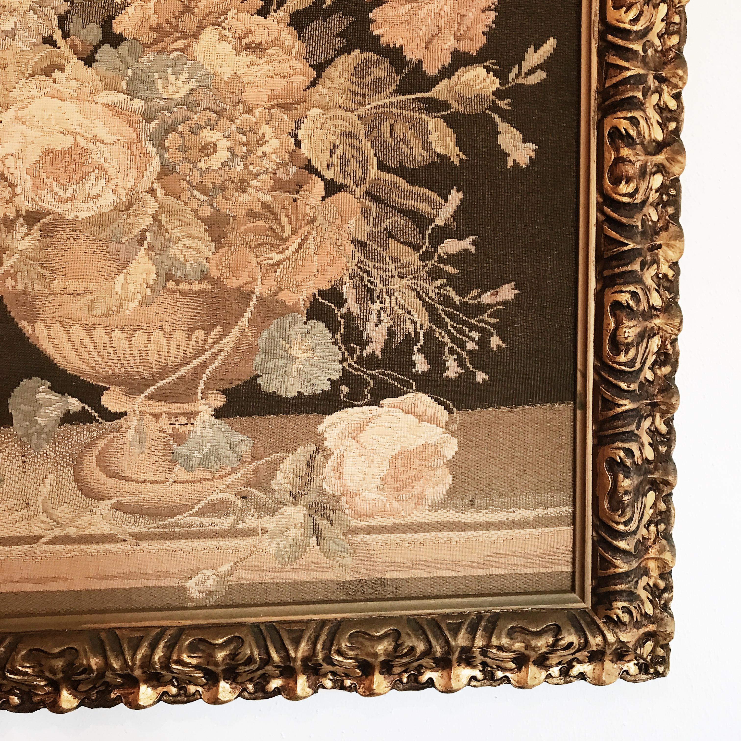 Early Machine Loom Floral Italian Tapestry in Mid-20th Century Giltwood Frame For Sale 1