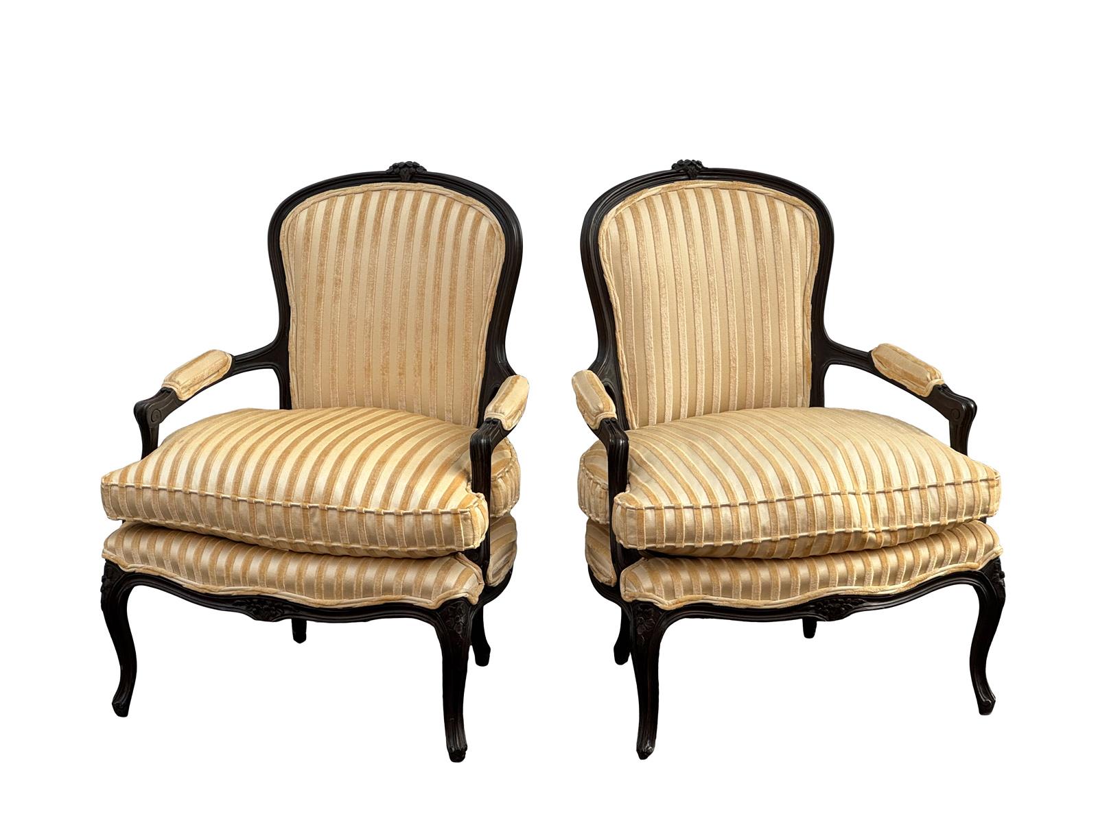 Early Mahogany Carved French Fireside Chair Armchairs a Pair In Good Condition For Sale In Bensalem, PA