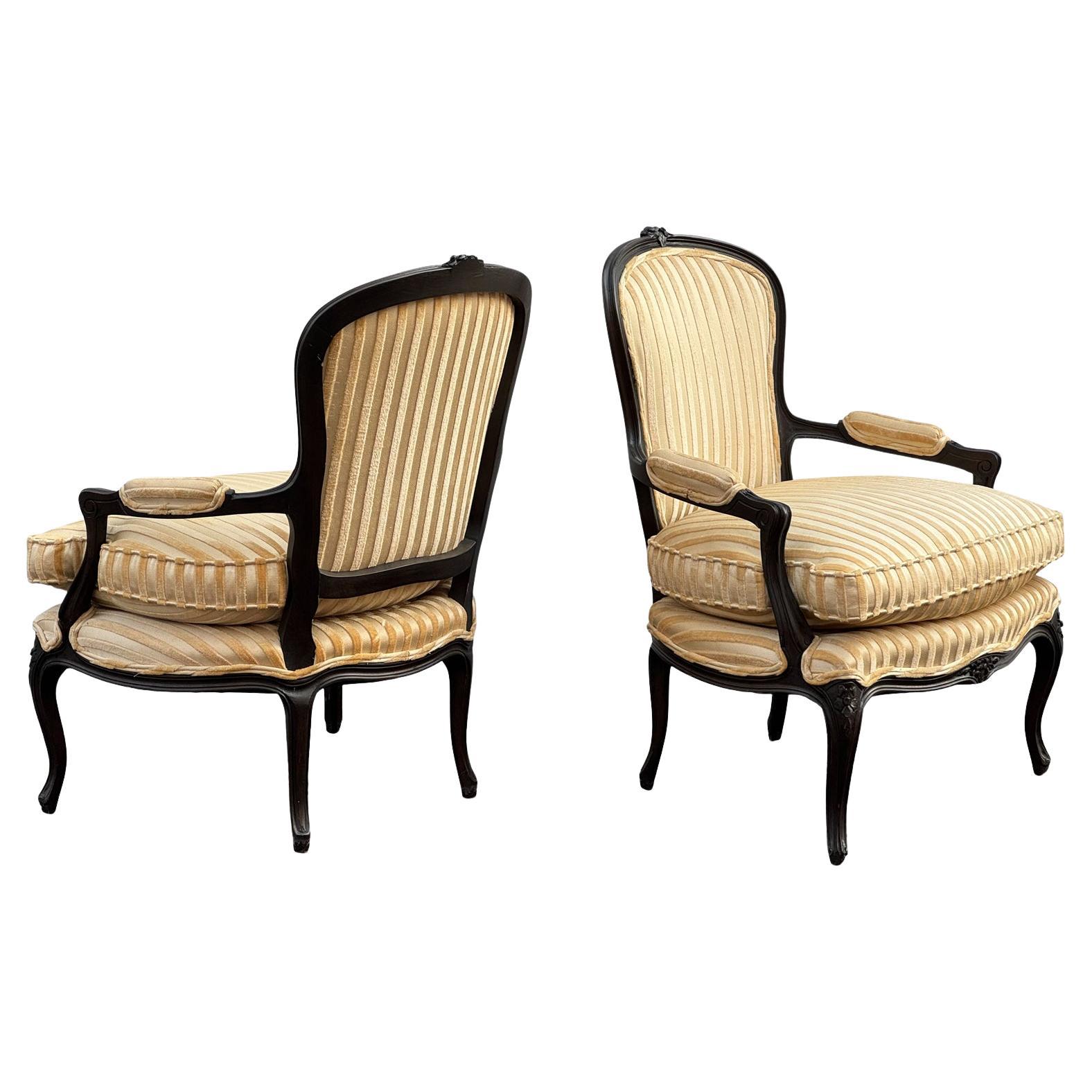 Early Mahogany Carved French Fireside Chair Armchairs a Pair For Sale