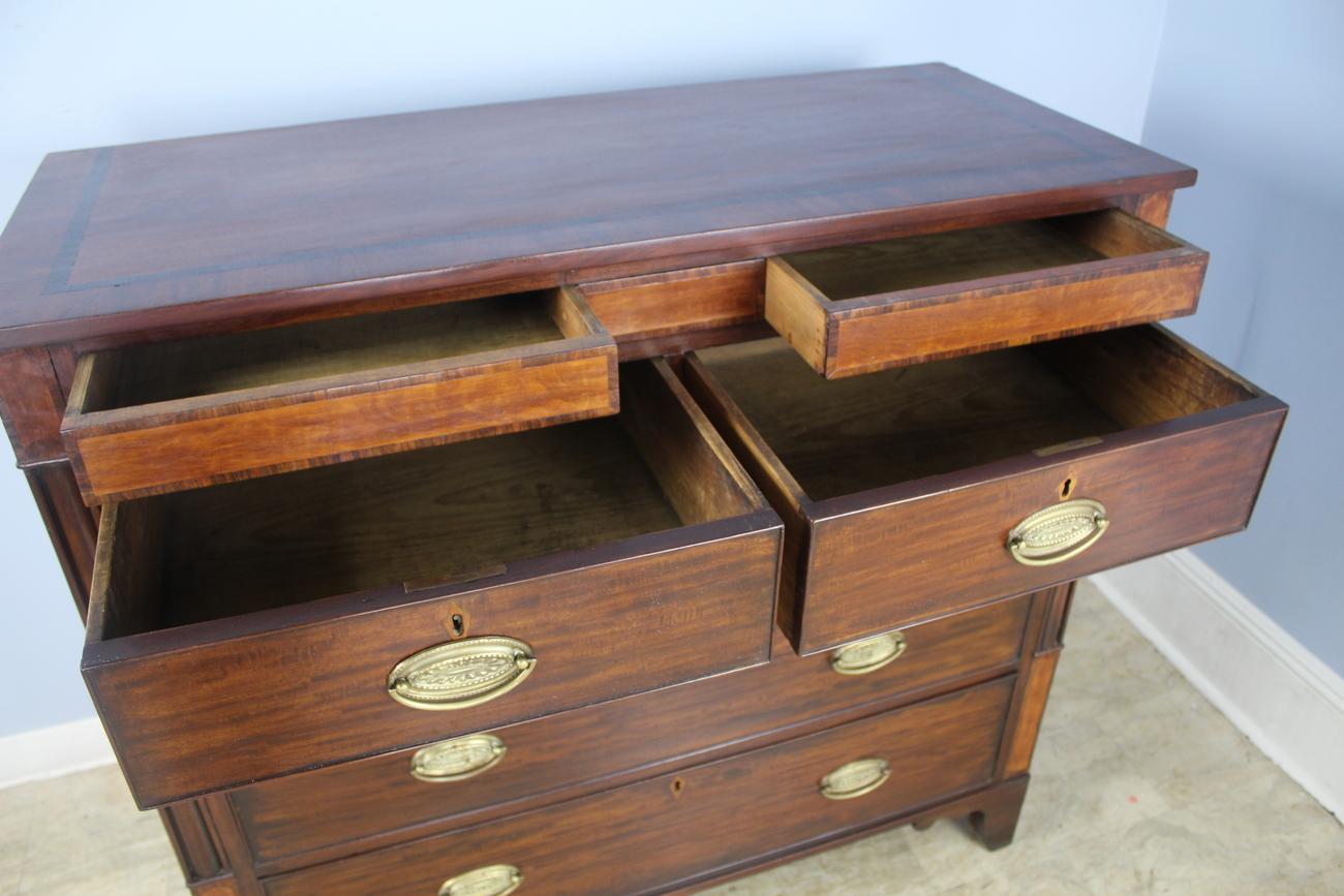 English Early Mahogany Chest of Drawers, Satinwood Inlay, Secret Drawers on Top Frieze For Sale
