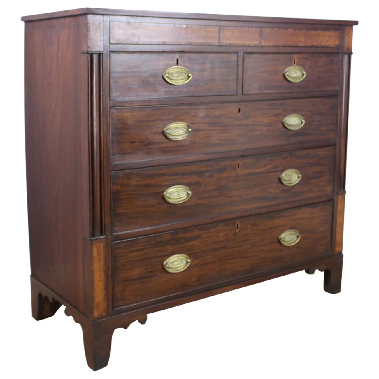 Early Mahogany Chest of Drawers, Satinwood Inlay, Secret Drawers on Top Frieze For Sale