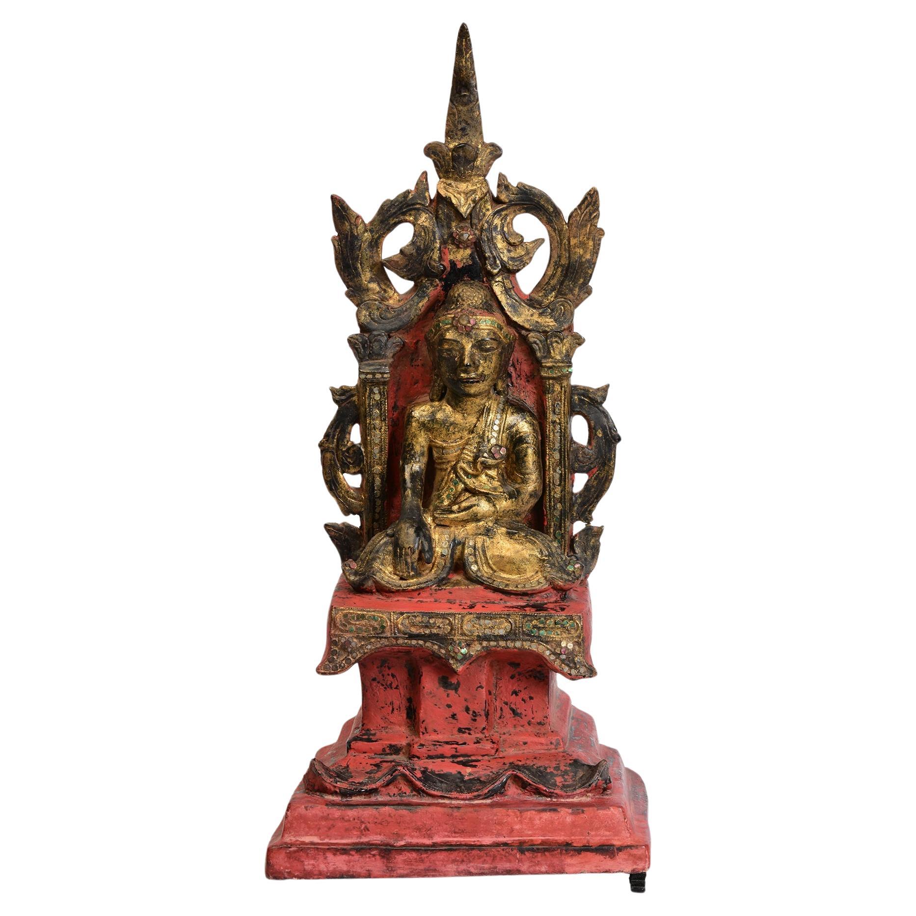 Early Mandalay, Antique Burmese Lacquer Seated Buddha on the Throne