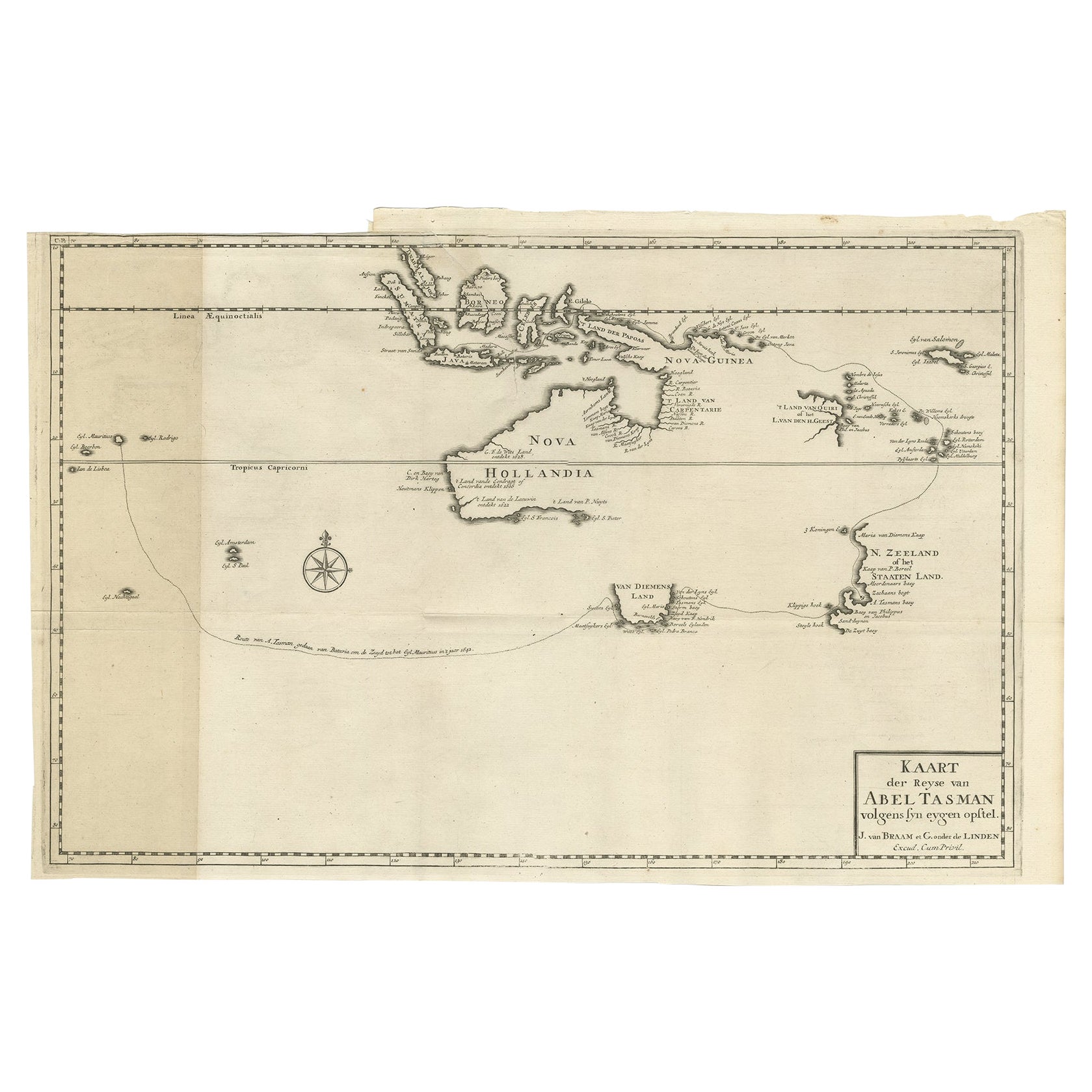 Prima mappa dell'Australasia, che segna la rotta di Abel Tasman nel 1642 "Publ. 1726". in vendita