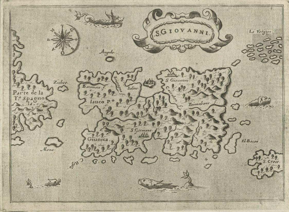 Engraved Early Map of Puerto Rico Printed in Venice by G. F. Camocio in 1571