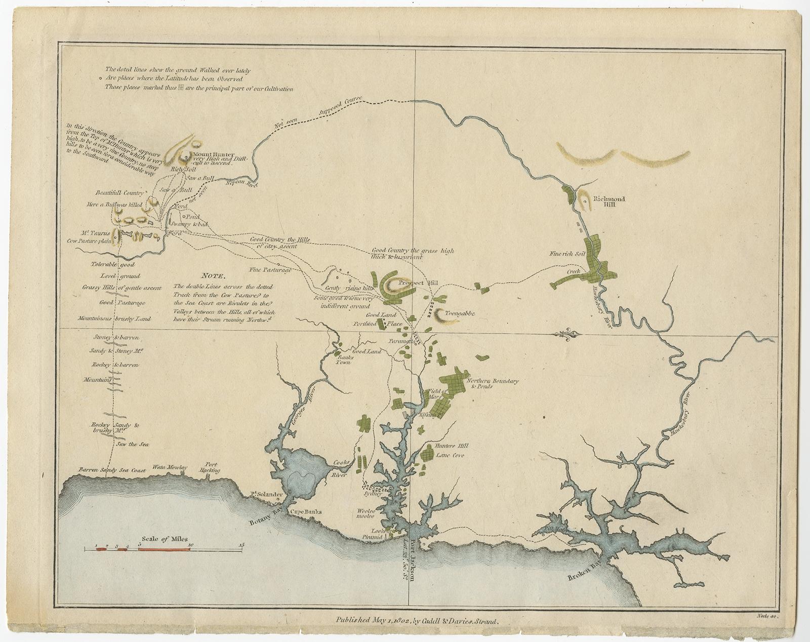 Interesting chart of the three harbours of Botany Bay, Port Jackson, and Broken Bay showing the ground cultivated by the colonists. In the early days of the settlement in Australia there was a prime importance to establish sufficient even abundent