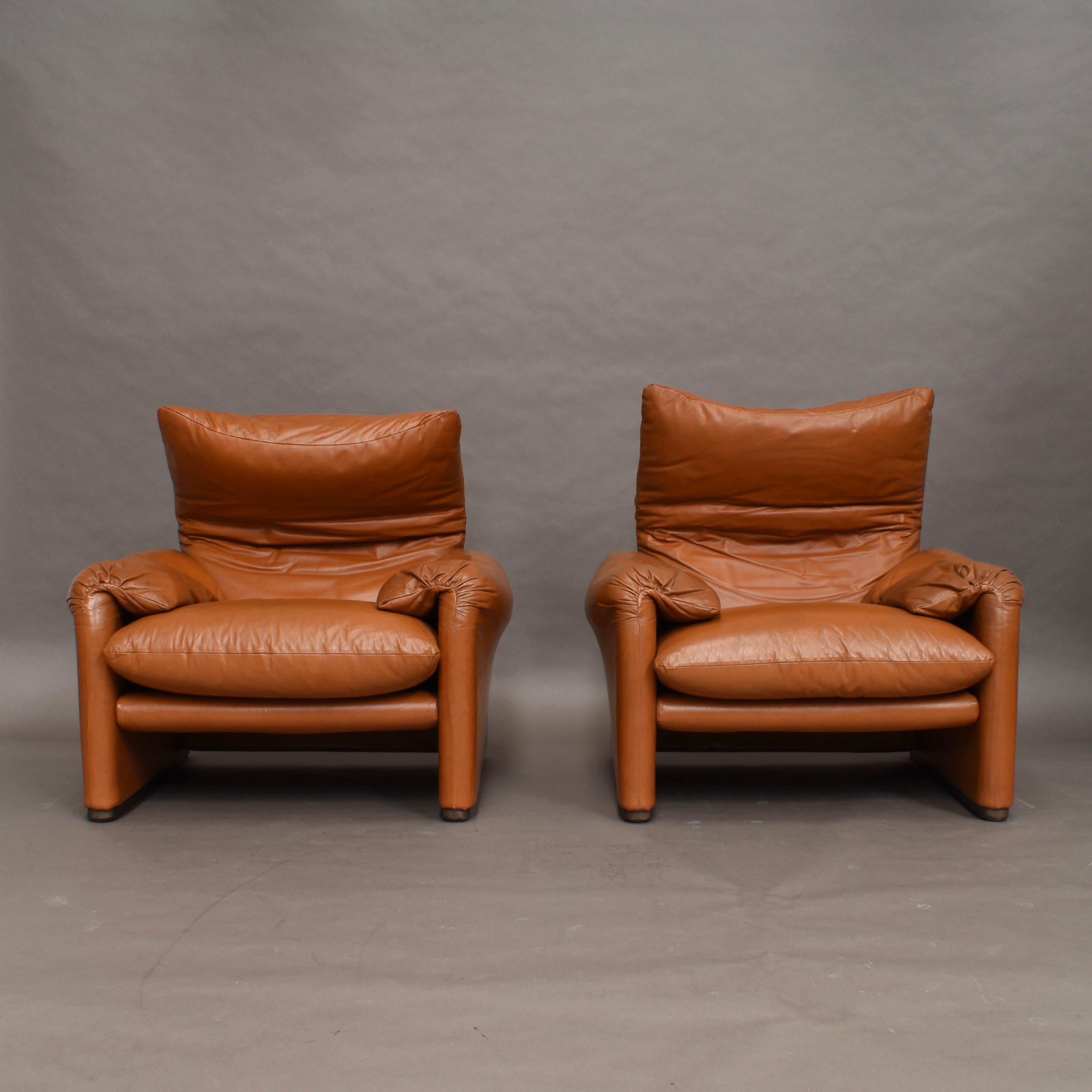 Early Maralunga Armchairs in Leather by Vico Magistretti for Cassina, Italy 1973 In Good Condition In Pijnacker, Zuid-Holland