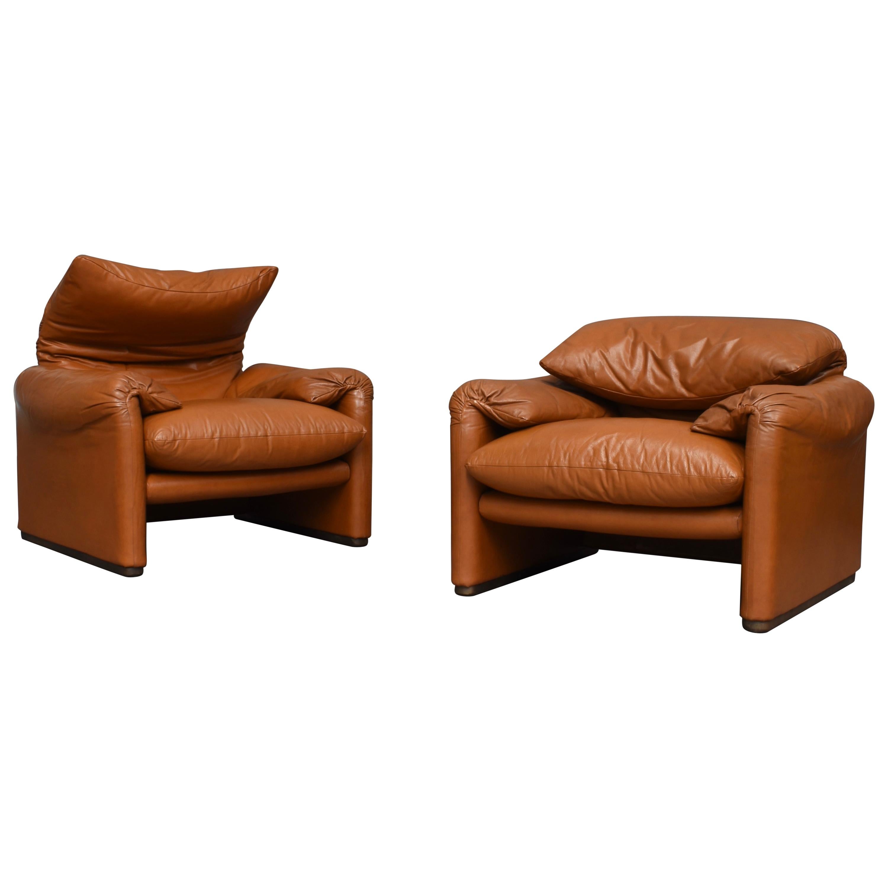 Early Maralunga Armchairs in Leather by Vico Magistretti for Cassina, Italy 1973