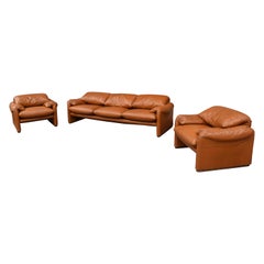 Early Maralunga Set in Original Tan Leather by Vico Magistretti for Cassina 1973