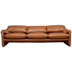 Early Maralunga Sofa in Tan Leather by Vico Magistretti for Cassina, Italy, 1973