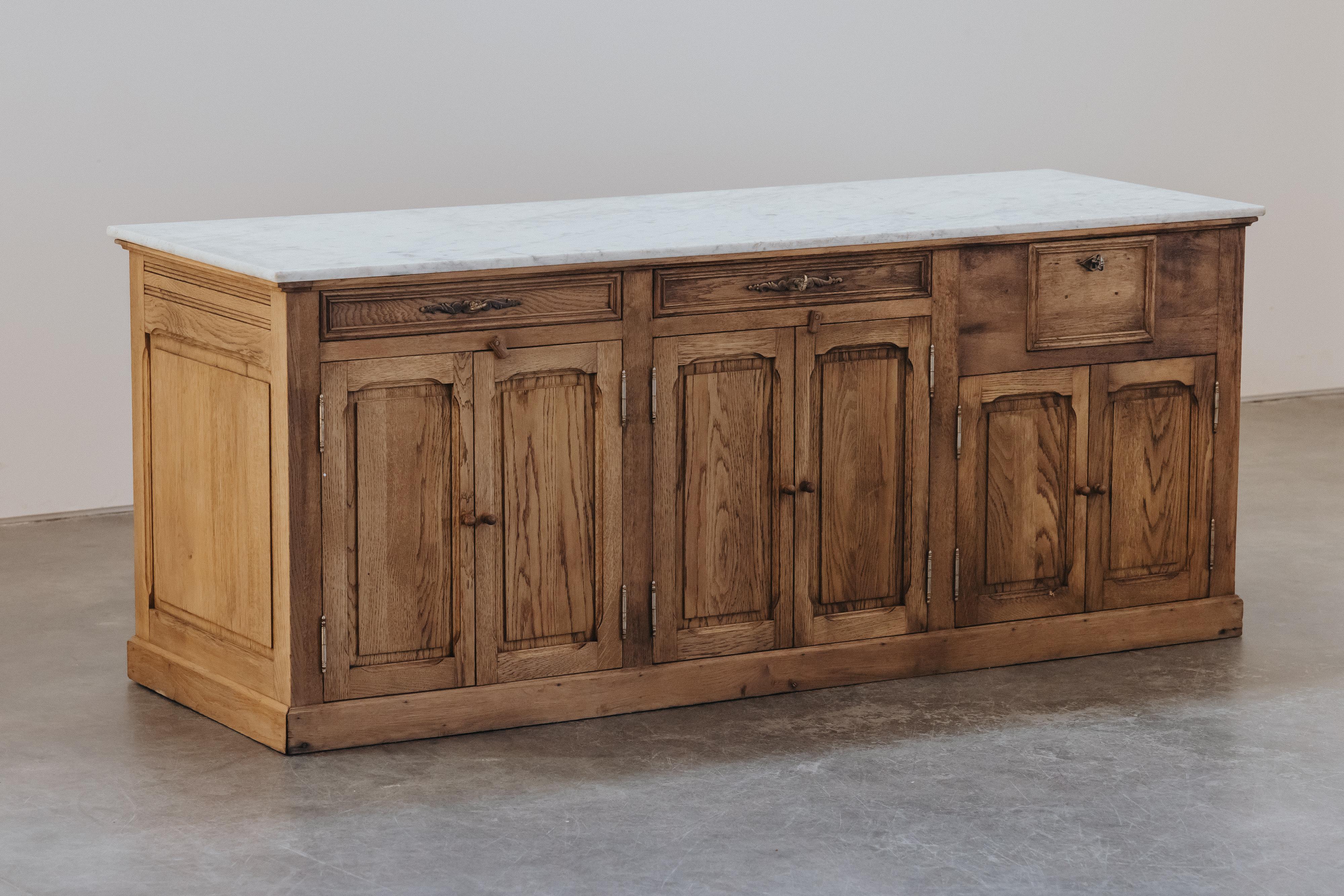 European Early Marble And Oak Bakery Counter From France, Circa 1940 For Sale