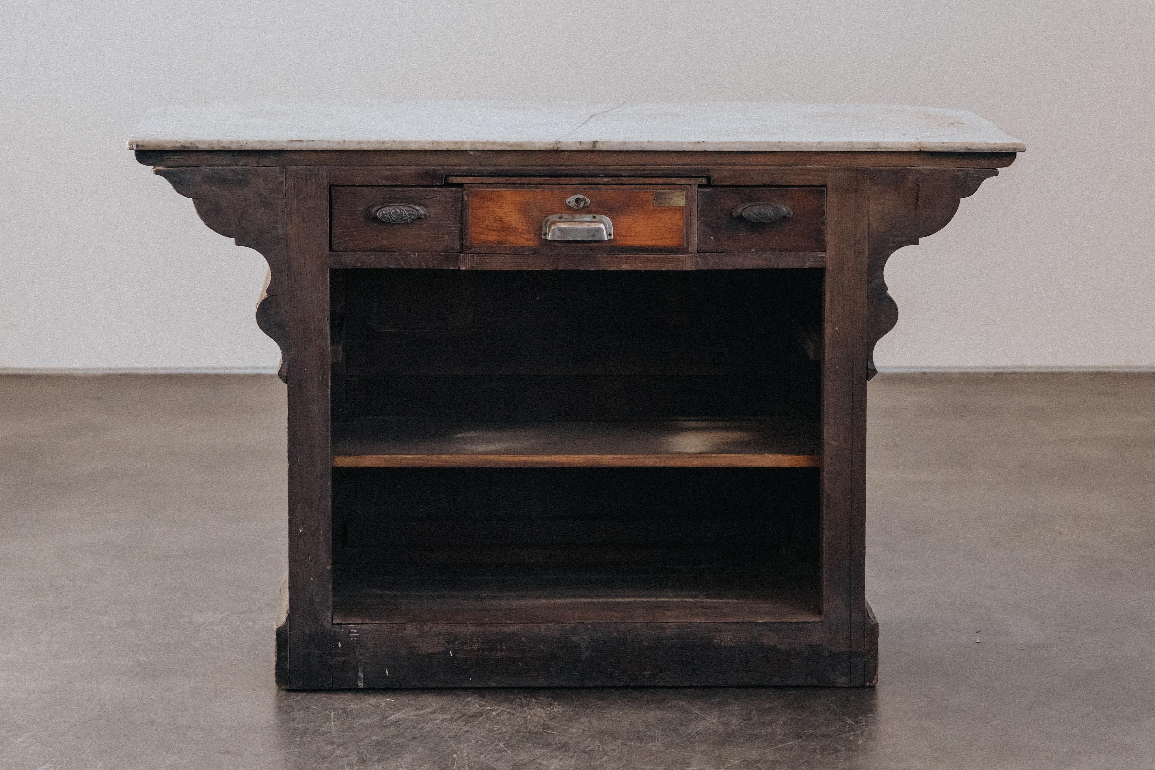 Early Marble Shop Counter From France, Circa 1900.  Original black paint with a solid marble top.  Great patina and use.