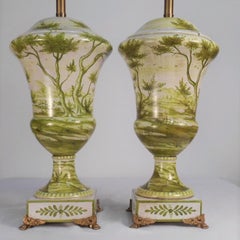 Early Marbro Urn Lamps with Green Painted Roman Ruins - a Pair