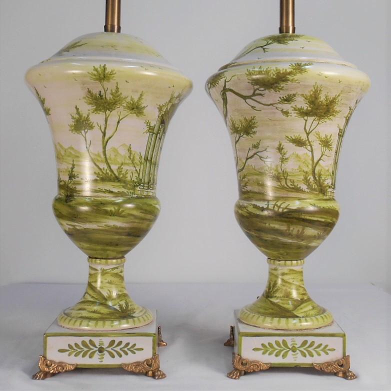 Hollywood Regency Early Marbro Urn Lamps with Green Painted Roman Ruins - a Pair For Sale