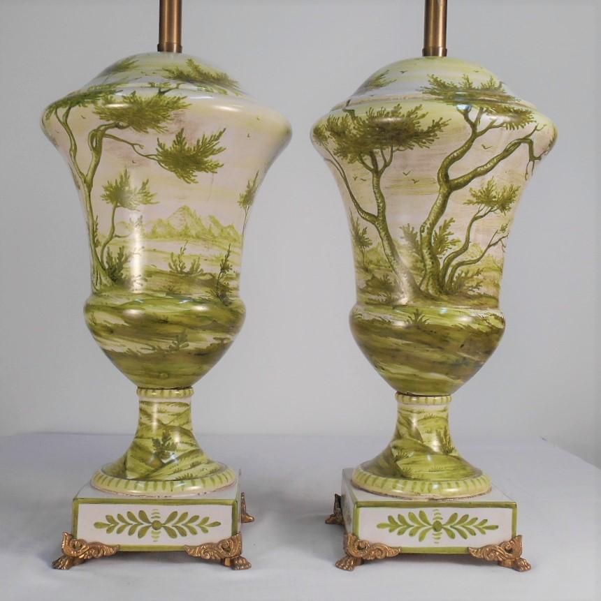 Italian Early Marbro Urn Lamps with Green Painted Roman Ruins - a Pair For Sale