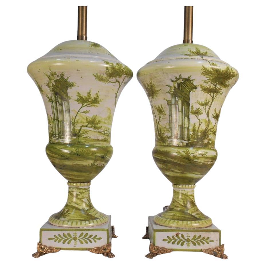 Early Marbro Urn Lamps with Green Painted Roman Ruins - a Pair For Sale