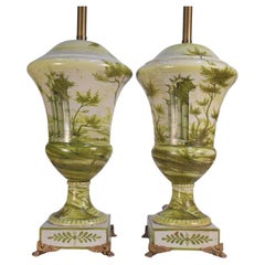 Retro Early Marbro Urn Lamps with Green Painted Roman Ruins - a Pair