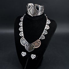 Early Margot de Taxco Sterling Parure Set Necklace Earrings Cuff Bracelet