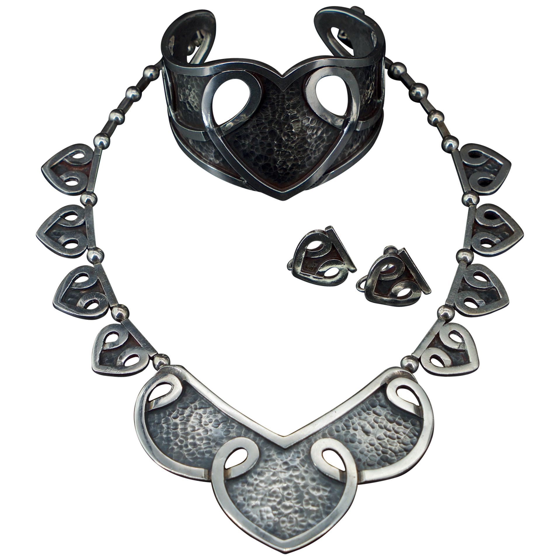Early Margot de Taxco Sterling Parure Set Necklace Earrings Cuff Bracelet For Sale