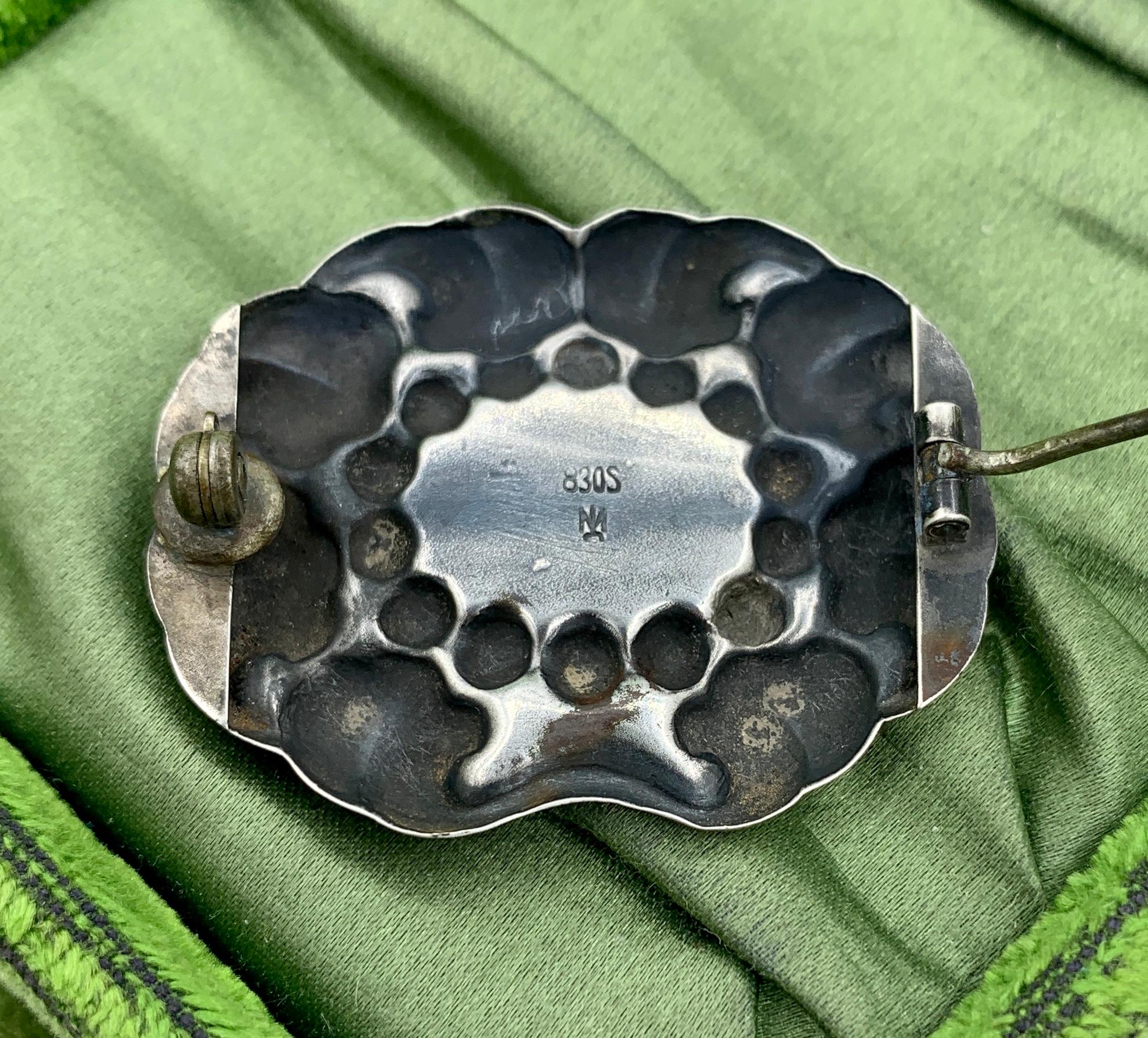 Cabochon Early Marius Hammer Labradorite Flower Brooch Pin Norway Silver Art Nouveau For Sale