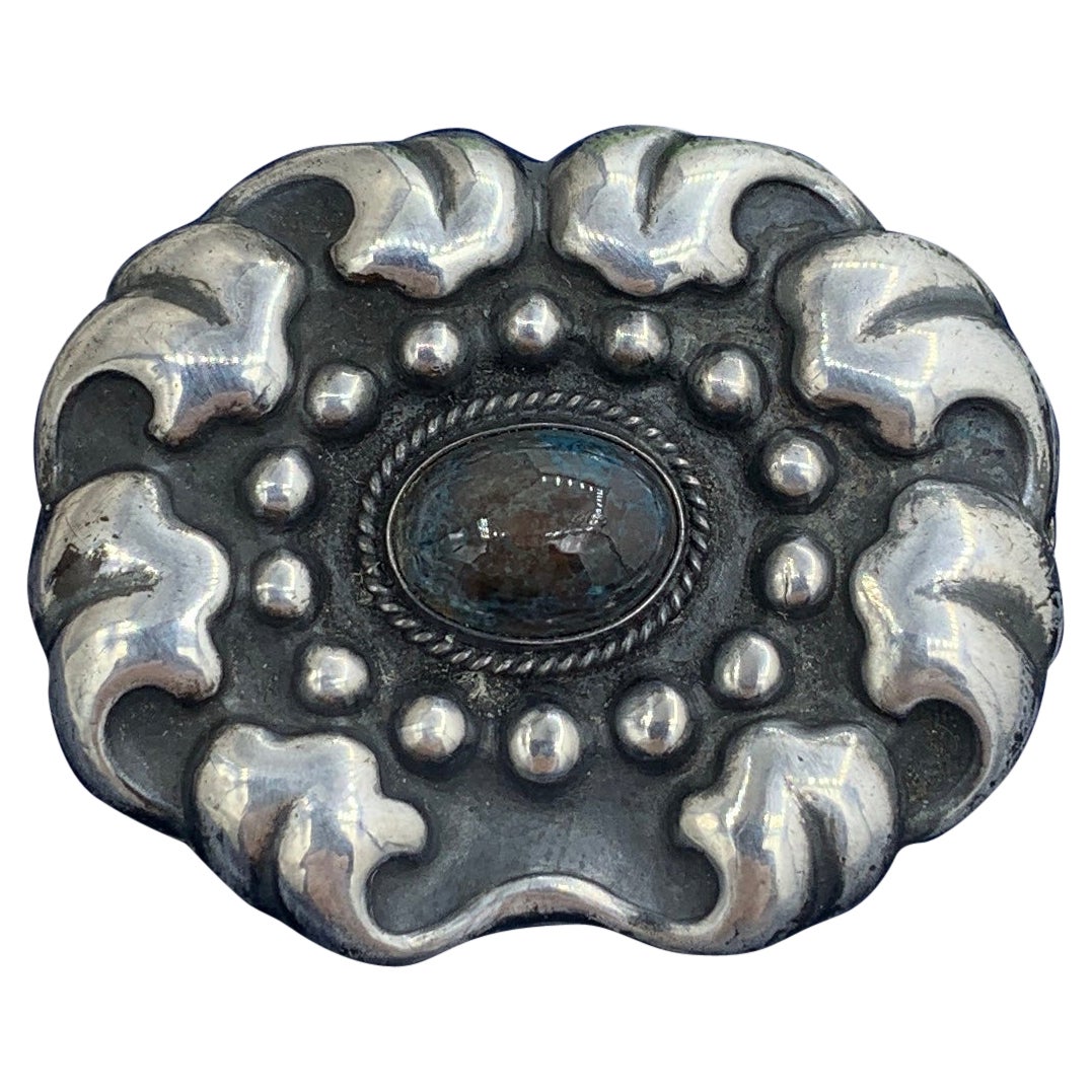 Early Marius Hammer Labradorite Flower Brooch Pin Norway Silver Art Nouveau
