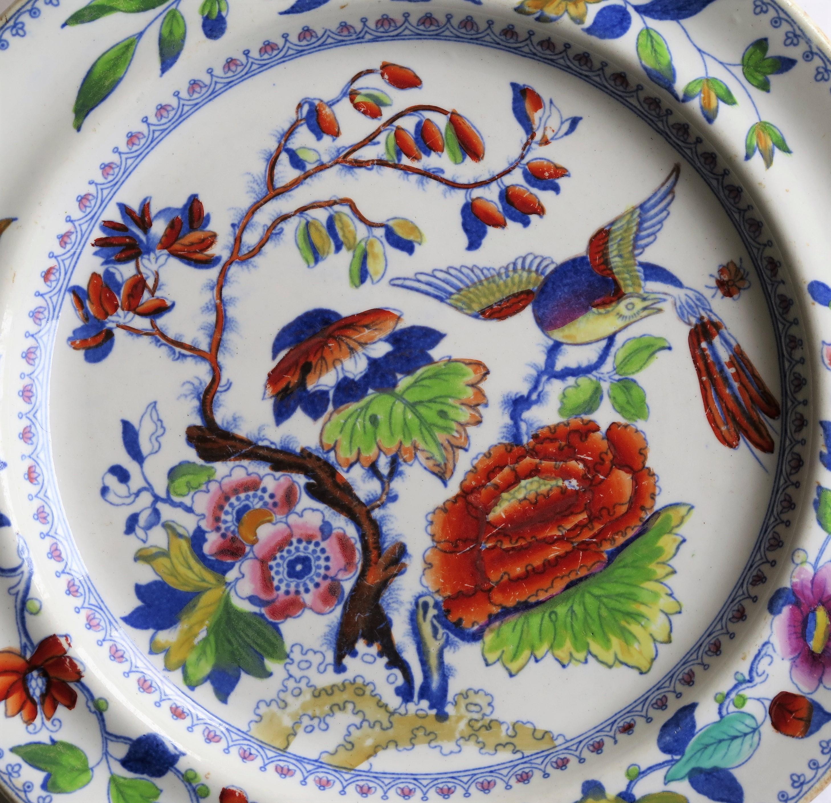 Hand-Painted Early Mason's Ironstone Dinner Plate Flying Bird Ptn Retailers mark, circa 1825 For Sale