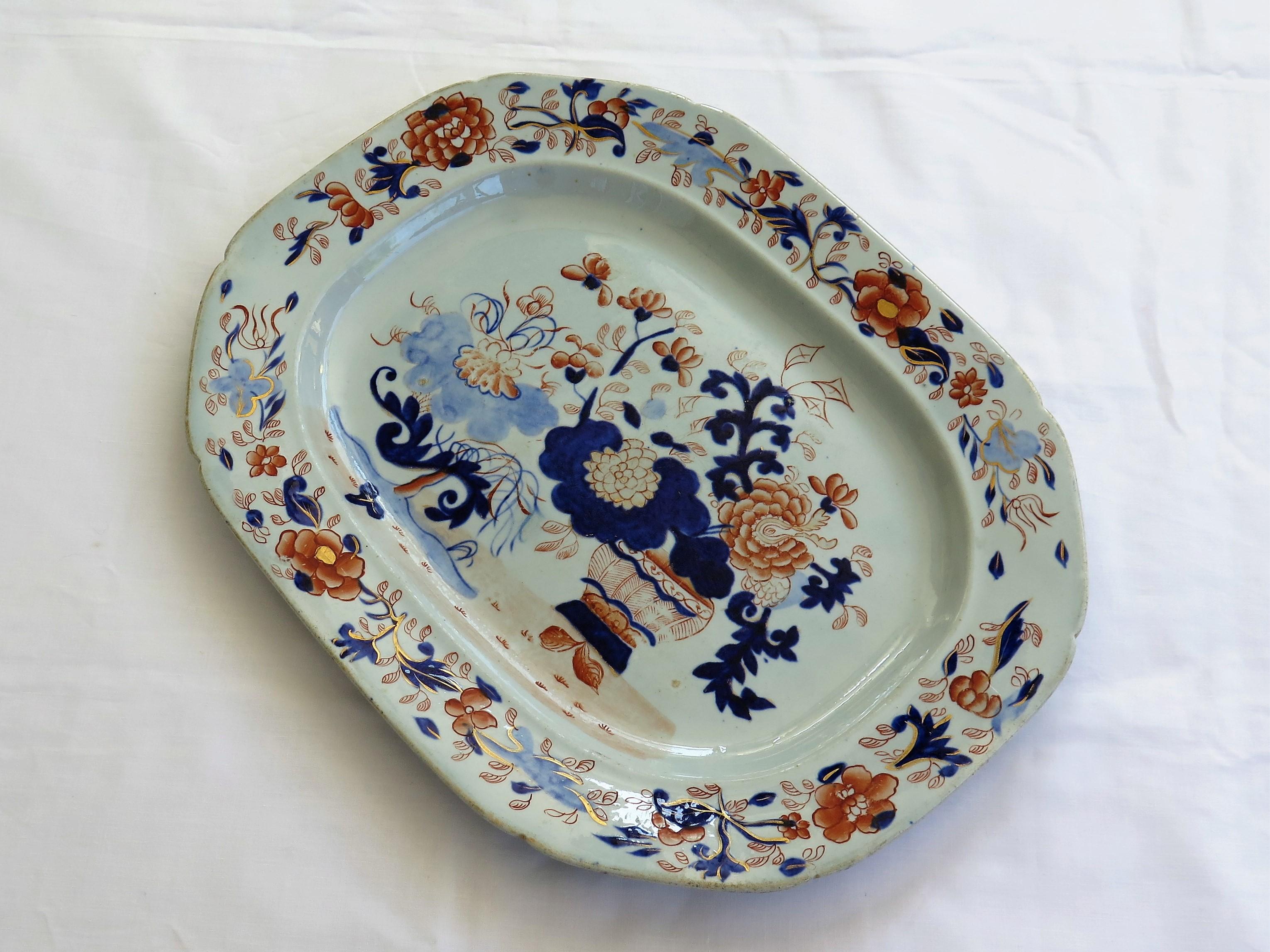 Hand-Painted Early Mason's Ironstone Large Platter Meat Plate Japan Basket Pattern, Ca 1815