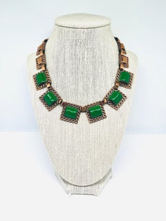 Early Matisse Renoir Kelly Green Square Enamel Tile Copper Necklace, 1940s