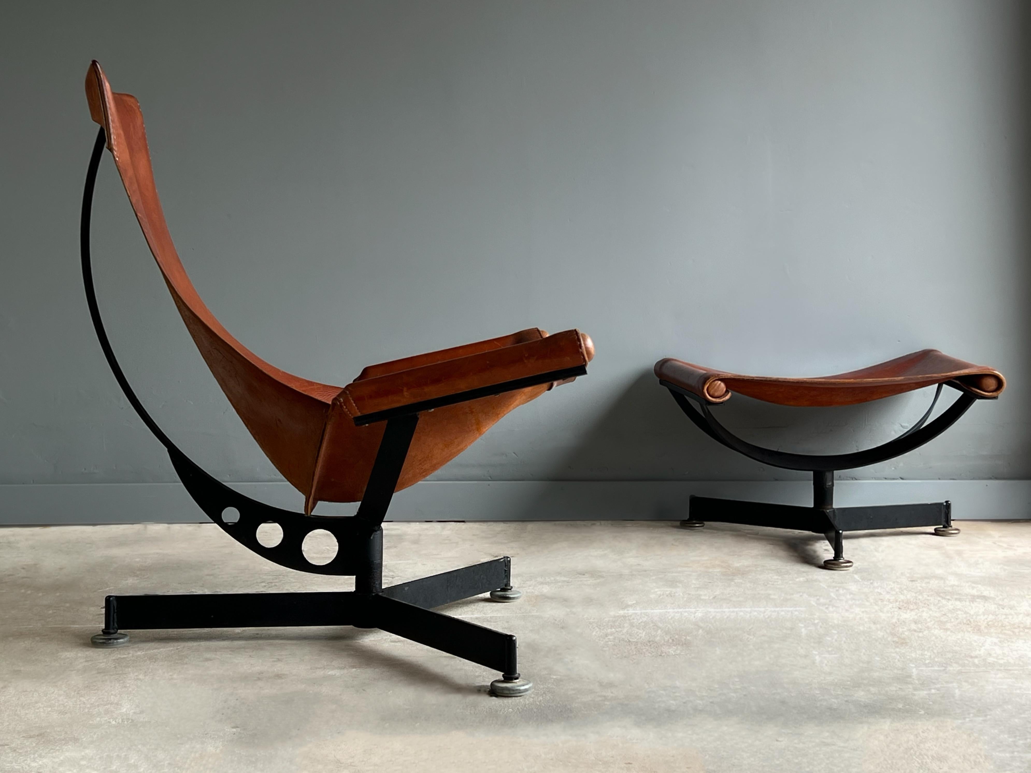 Mid-Century Modern Early Max Gottschalk Saddle Leather and Iron Lounge Chair and Ottoman