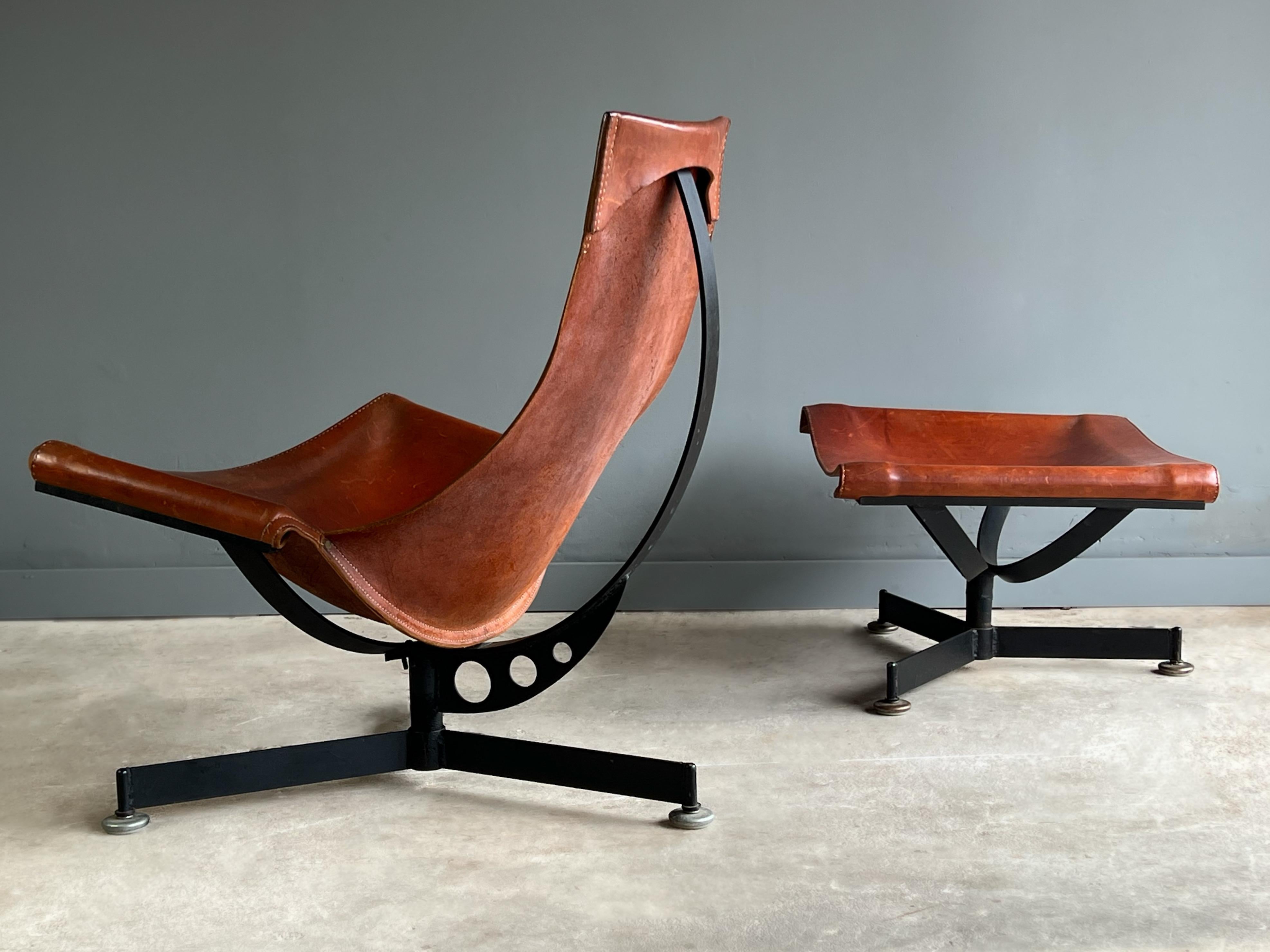 Mid-20th Century Early Max Gottschalk Saddle Leather and Iron Lounge Chair and Ottoman