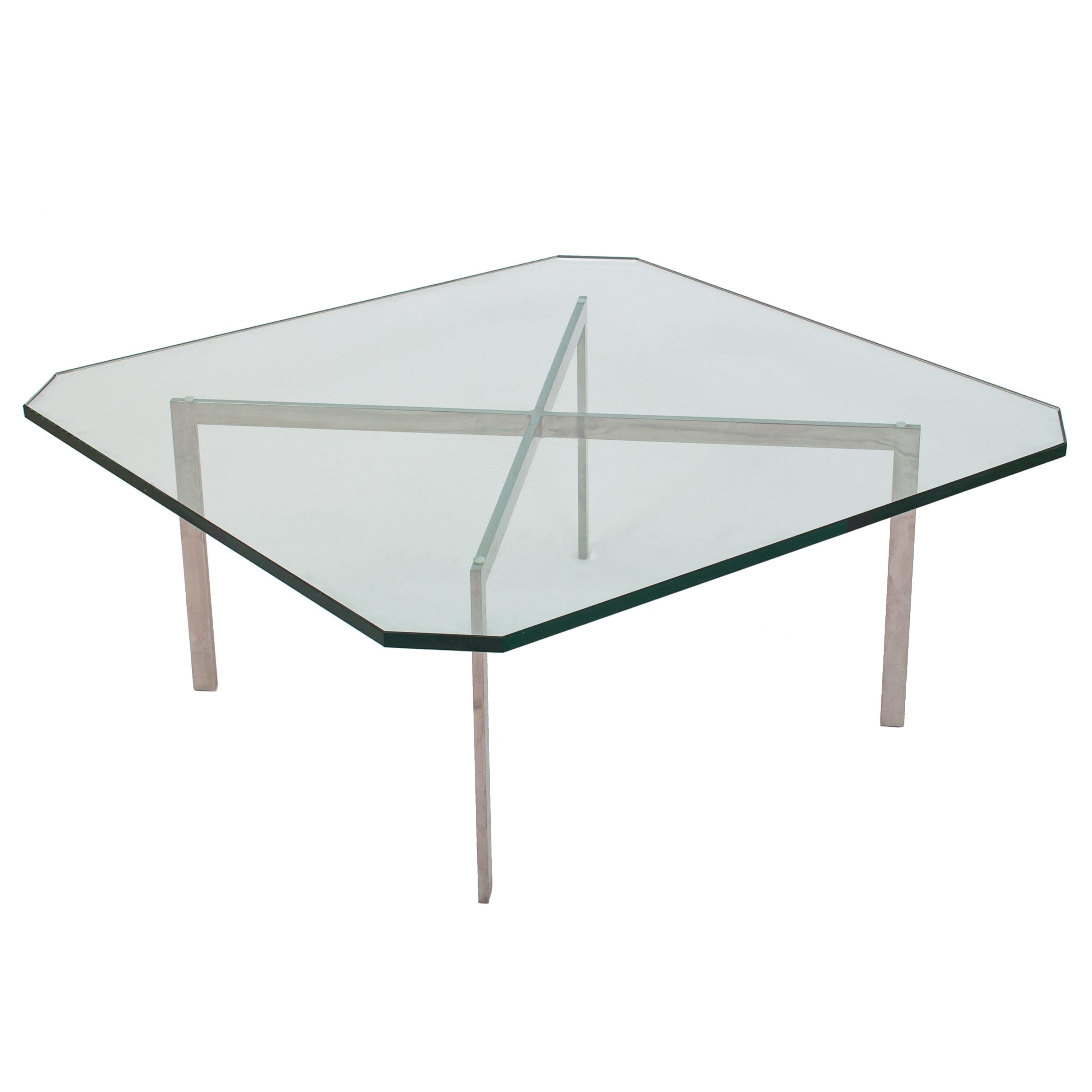 Mid Century Glass Stainless Steel Barcelona Table Mies Van Der Rohe Knoll 1955 In Good Condition For Sale In Portland, OR