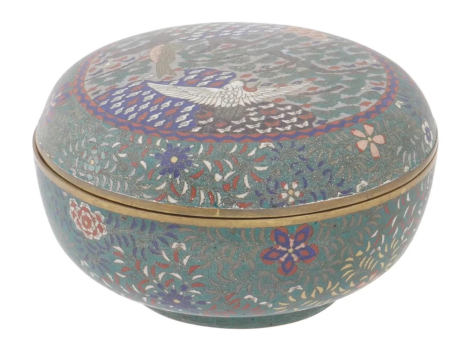 Cloissoné Early Meiji Period Japanese Cloisonne Enamel Box with Crane Flying Clouds For Sale