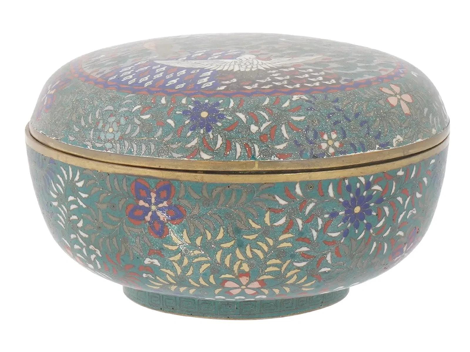 19th Century Early Meiji Period Japanese Cloisonne Enamel Box with Crane Flying Clouds For Sale