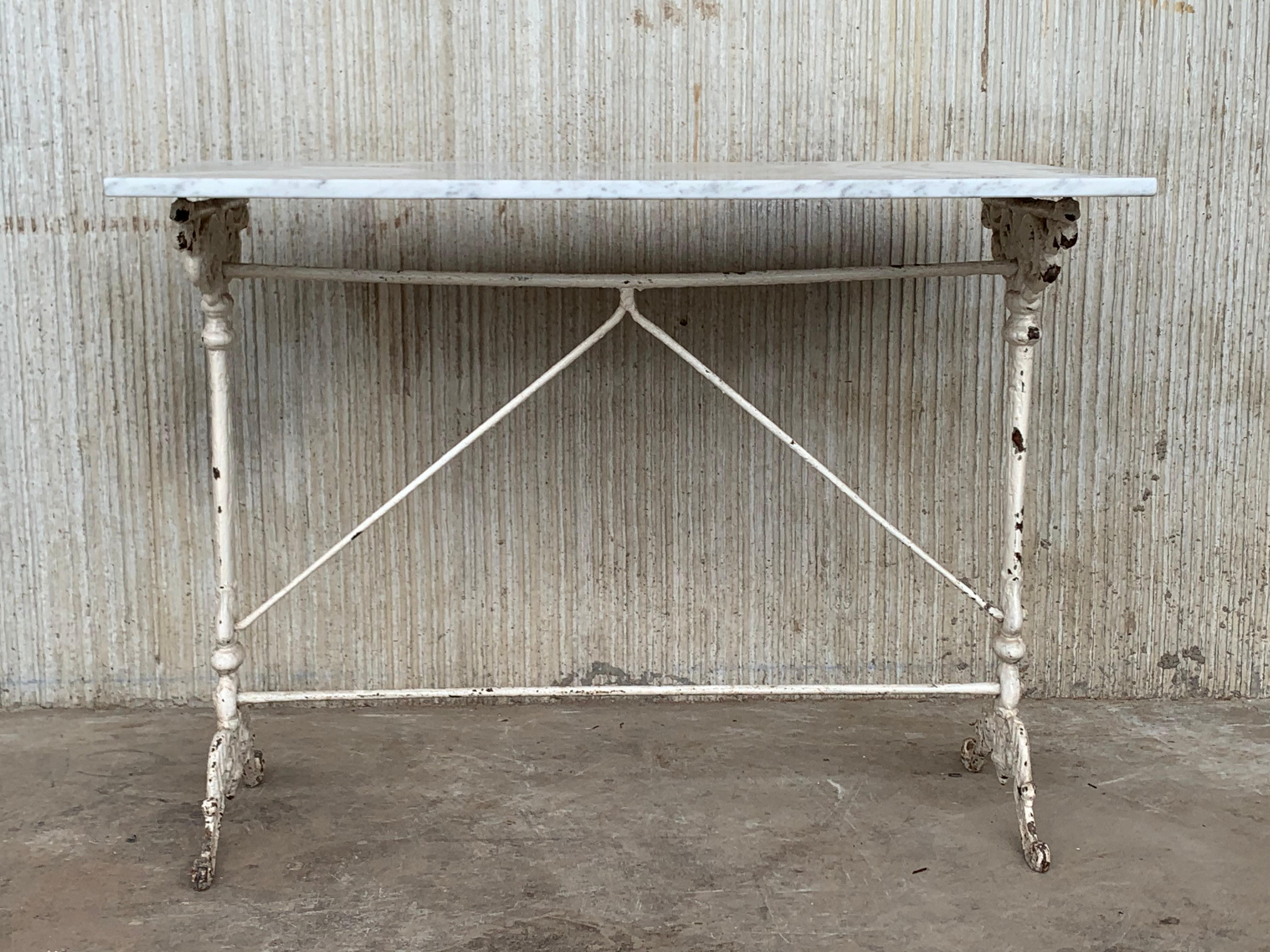 Early Metal Bistro Side Table with White Marble Top from France, circa 1930 In Good Condition In Miami, FL