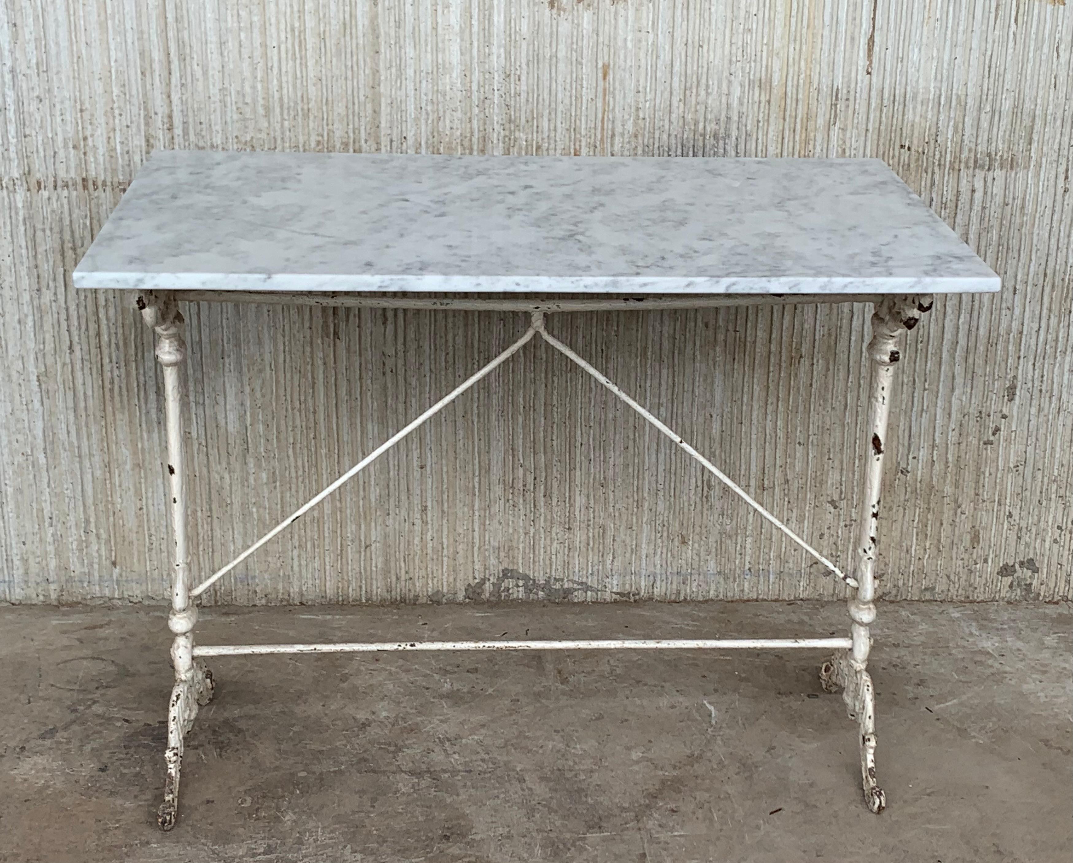 20th Century Early Metal Bistro Side Table with White Marble Top from France, circa 1930