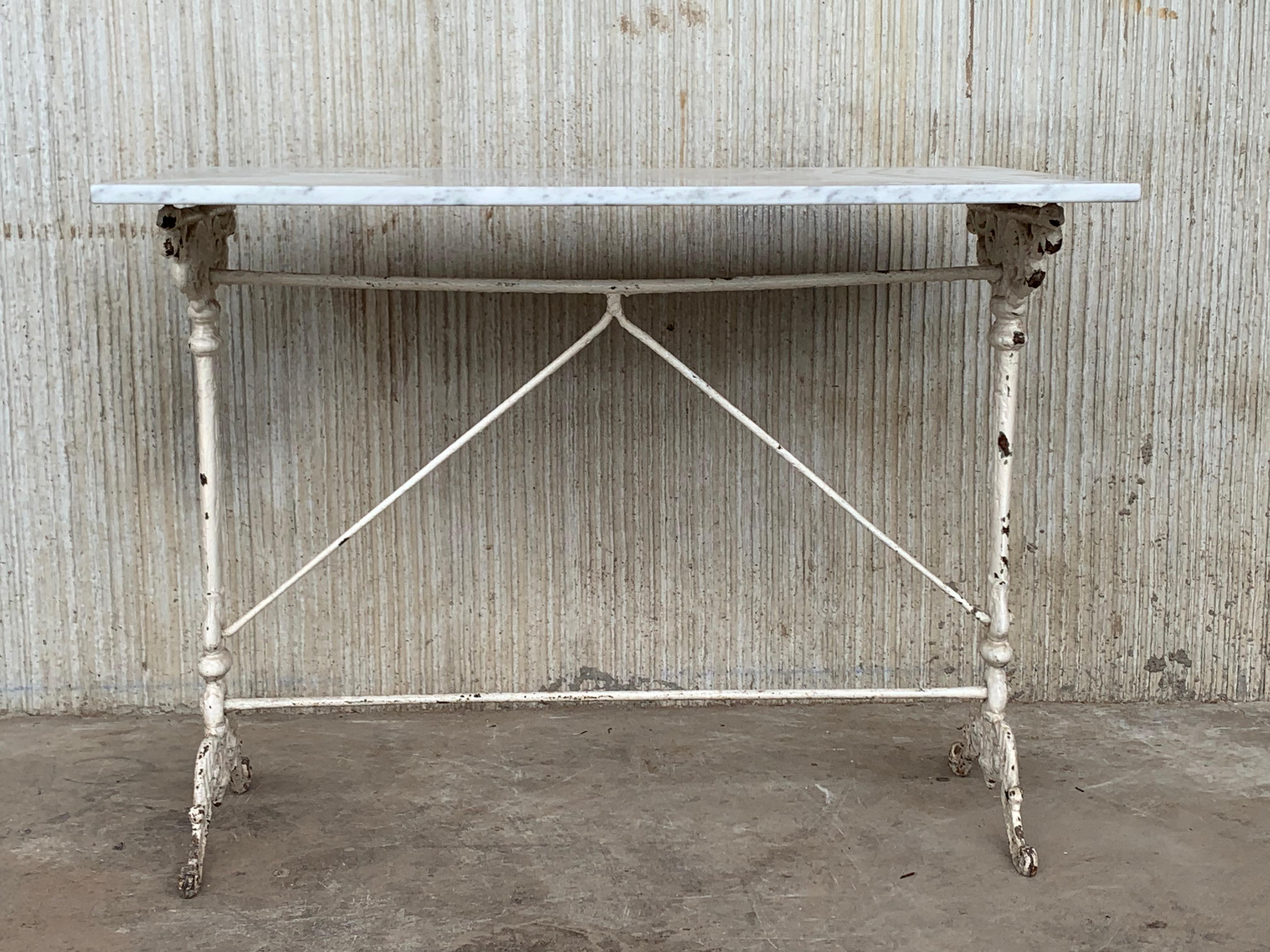 Iron Early Metal Bistro Side Table with White Marble Top from France, circa 1930