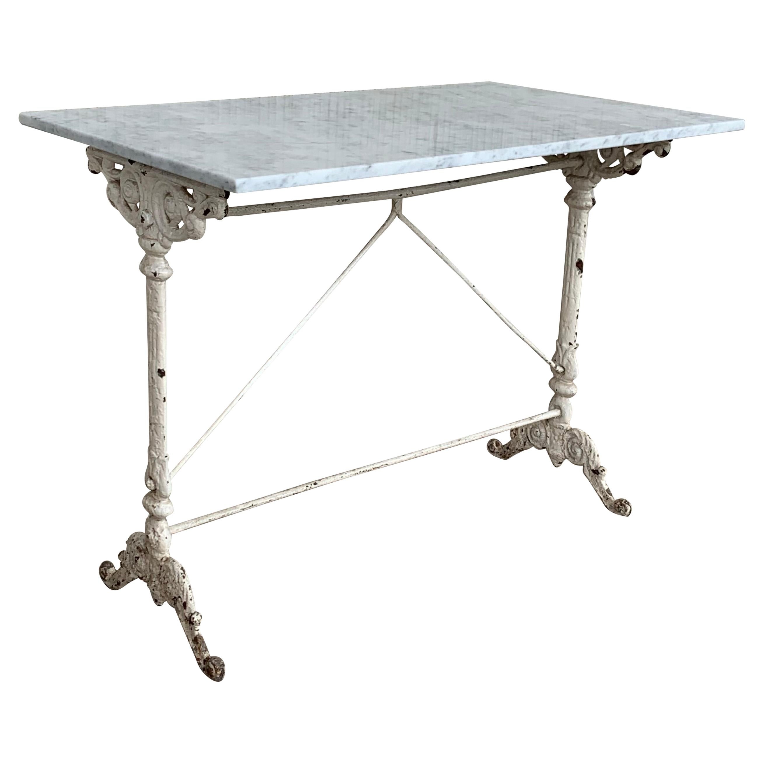 Early Metal Bistro Side Table with White Marble Top from France, circa 1930