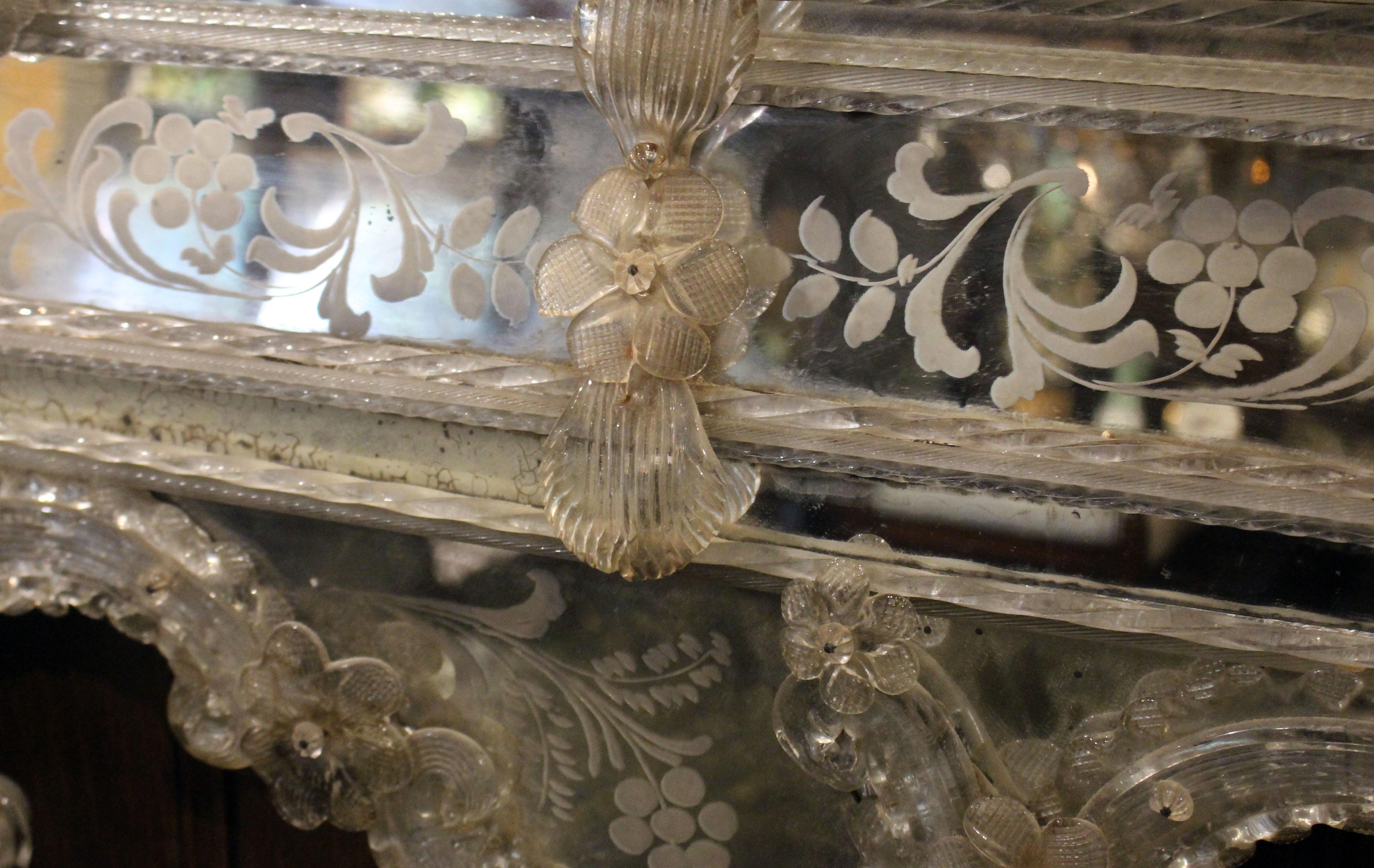 Etched Early-Mid 19th Century Baroque-Rococo Transitional Revival Venetian Mirror