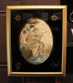 Early-Mid 19th Century English Pair of Oval Embroidery Works on Silk