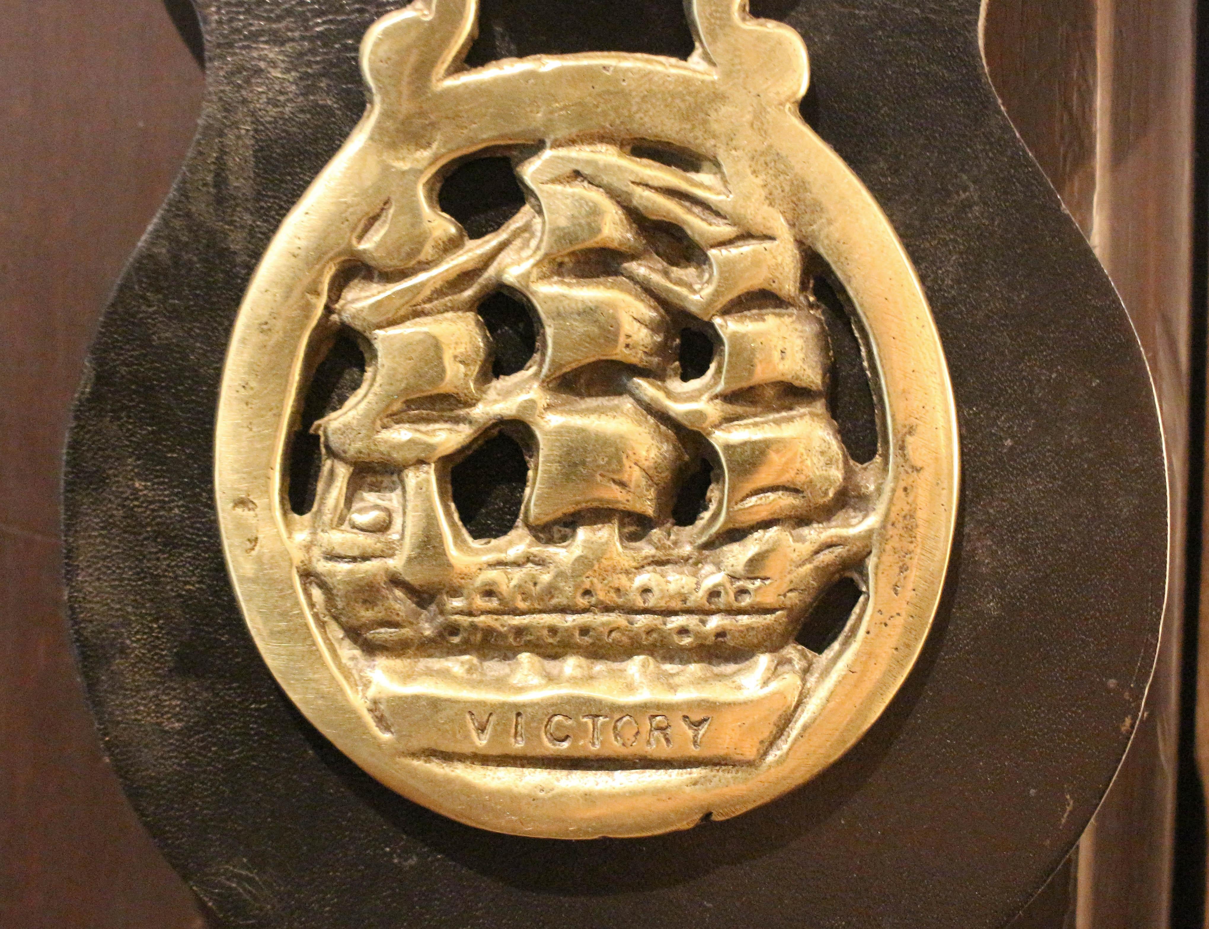 Early-Mid 20th Century English 3-Brass Leather Horse Strap 1