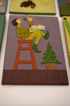 Set di pannelli di fiabe per la cameretta dipinti a mano in Wood della prima metà del XX secolo