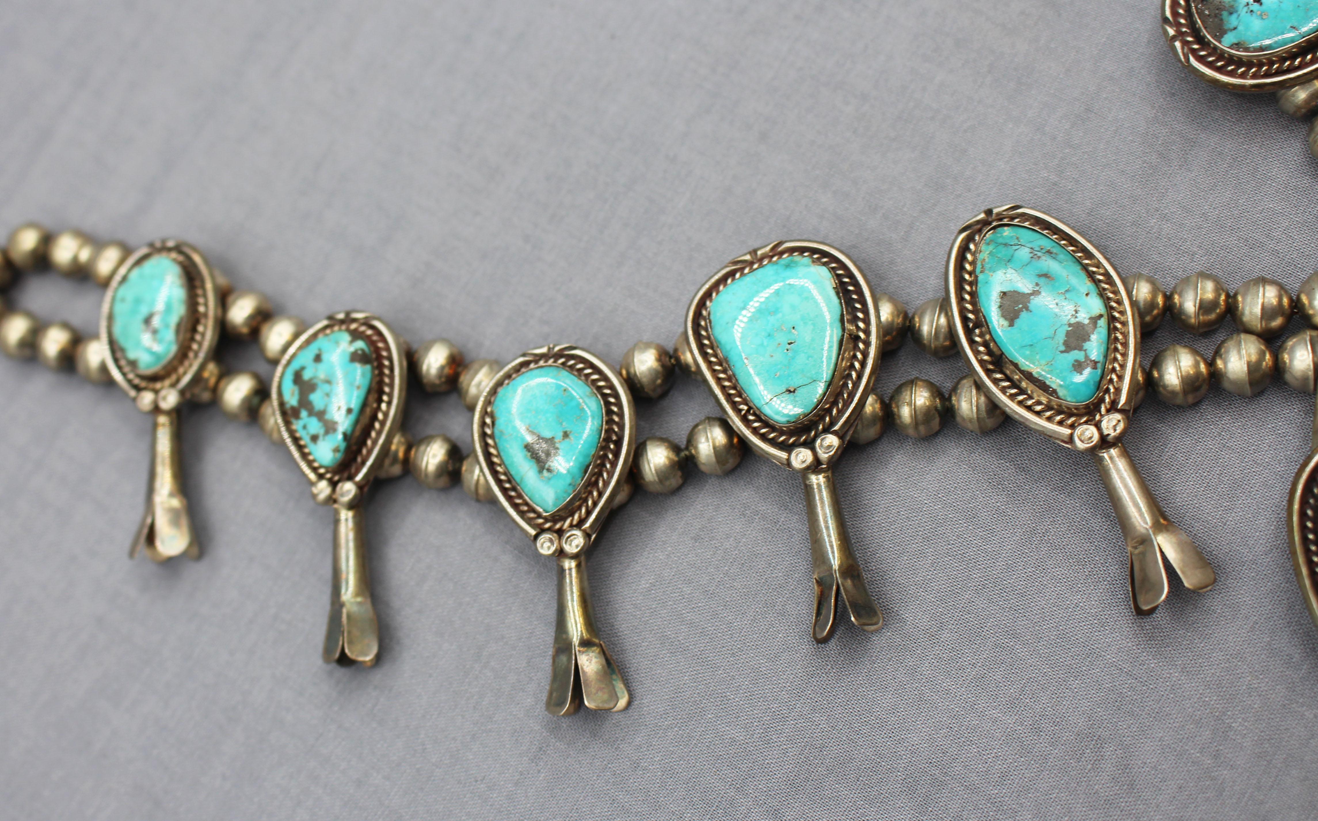 Native American Early-Mid 20th Century Navajo Turquoise Sterling Silver Squash Blossom Necklace For Sale