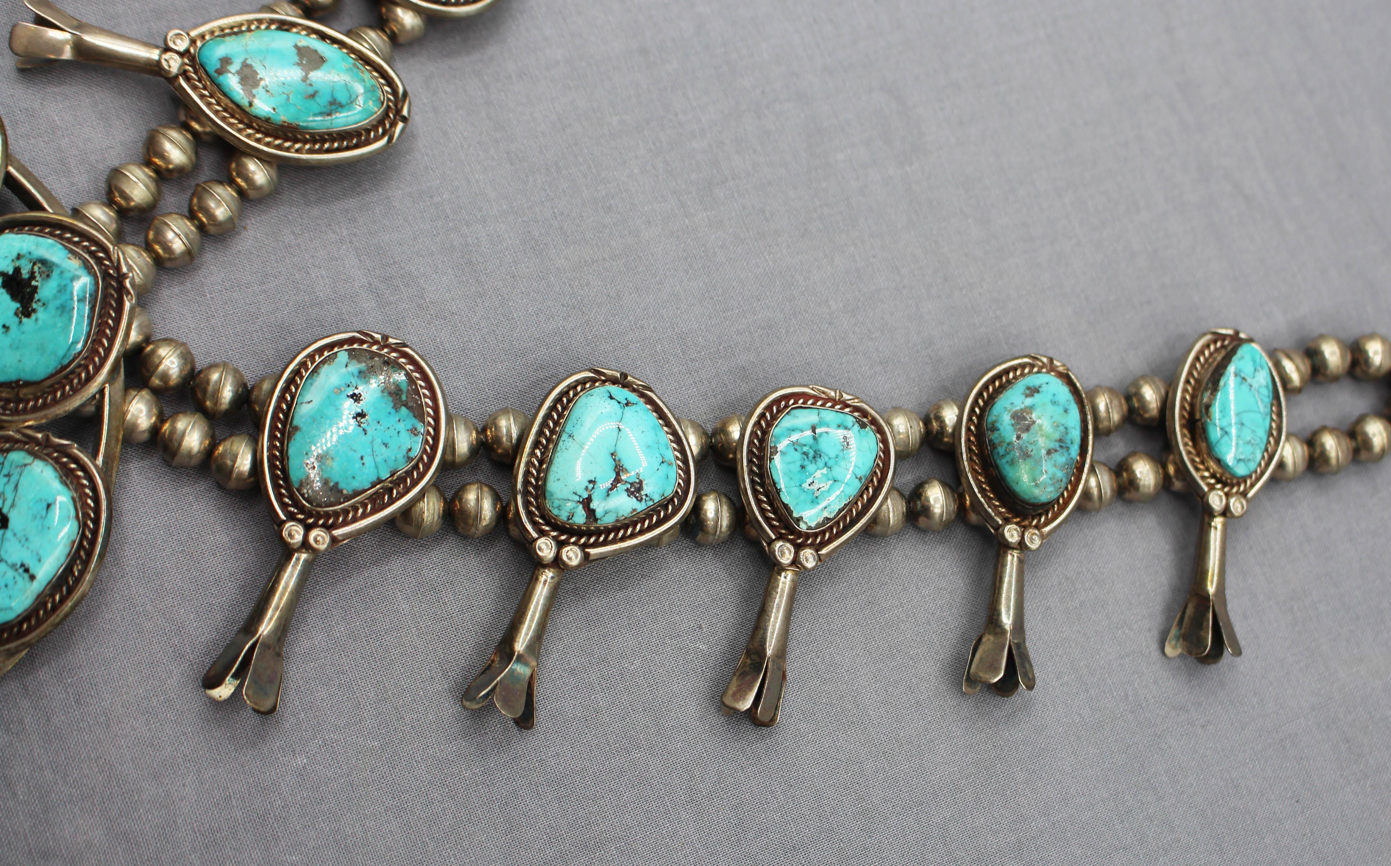 American Early-Mid 20th Century Navajo Turquoise Sterling Silver Squash Blossom Necklace For Sale