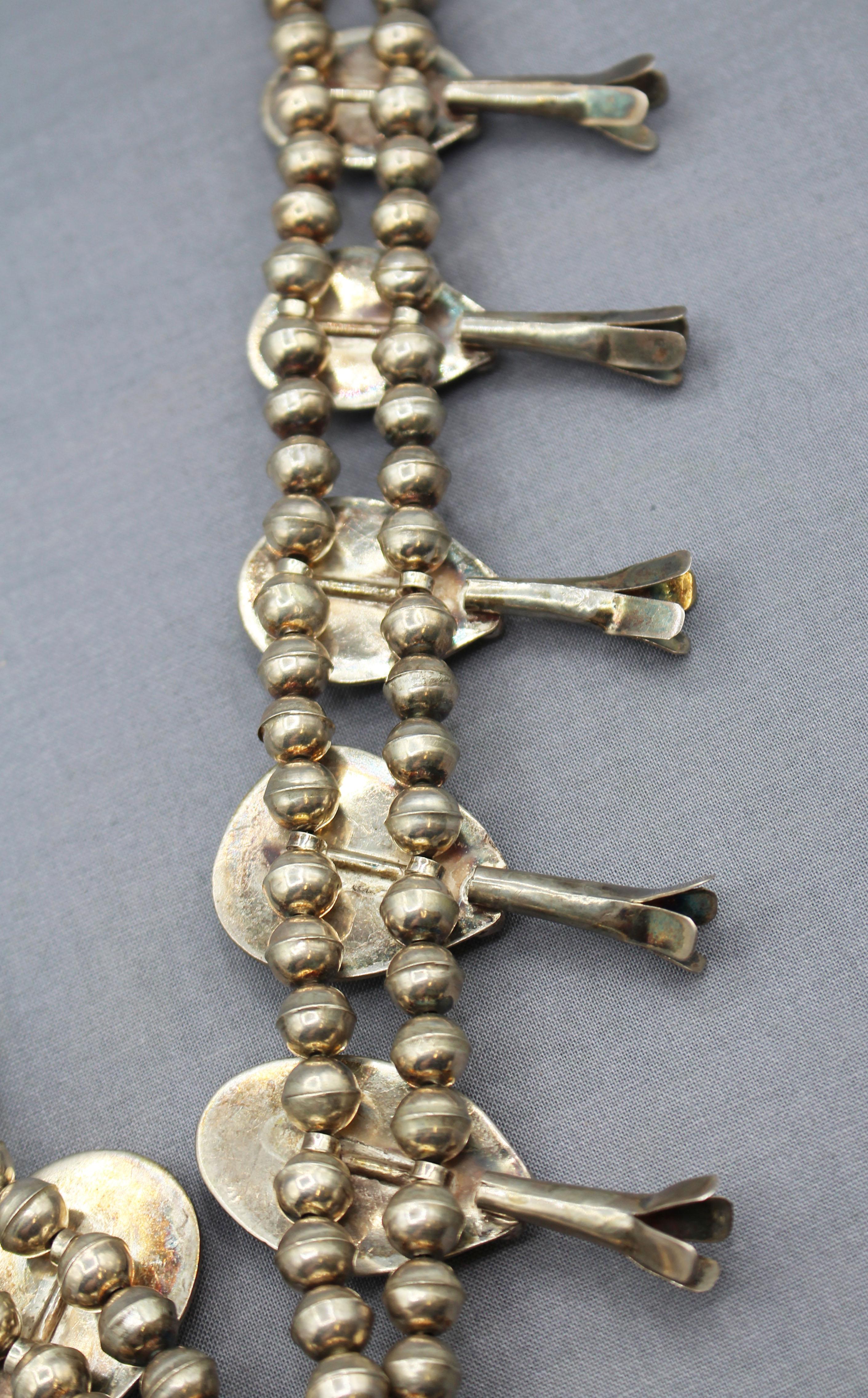 Early-Mid 20th Century Navajo Turquoise Sterling Silver Squash Blossom Necklace For Sale 3