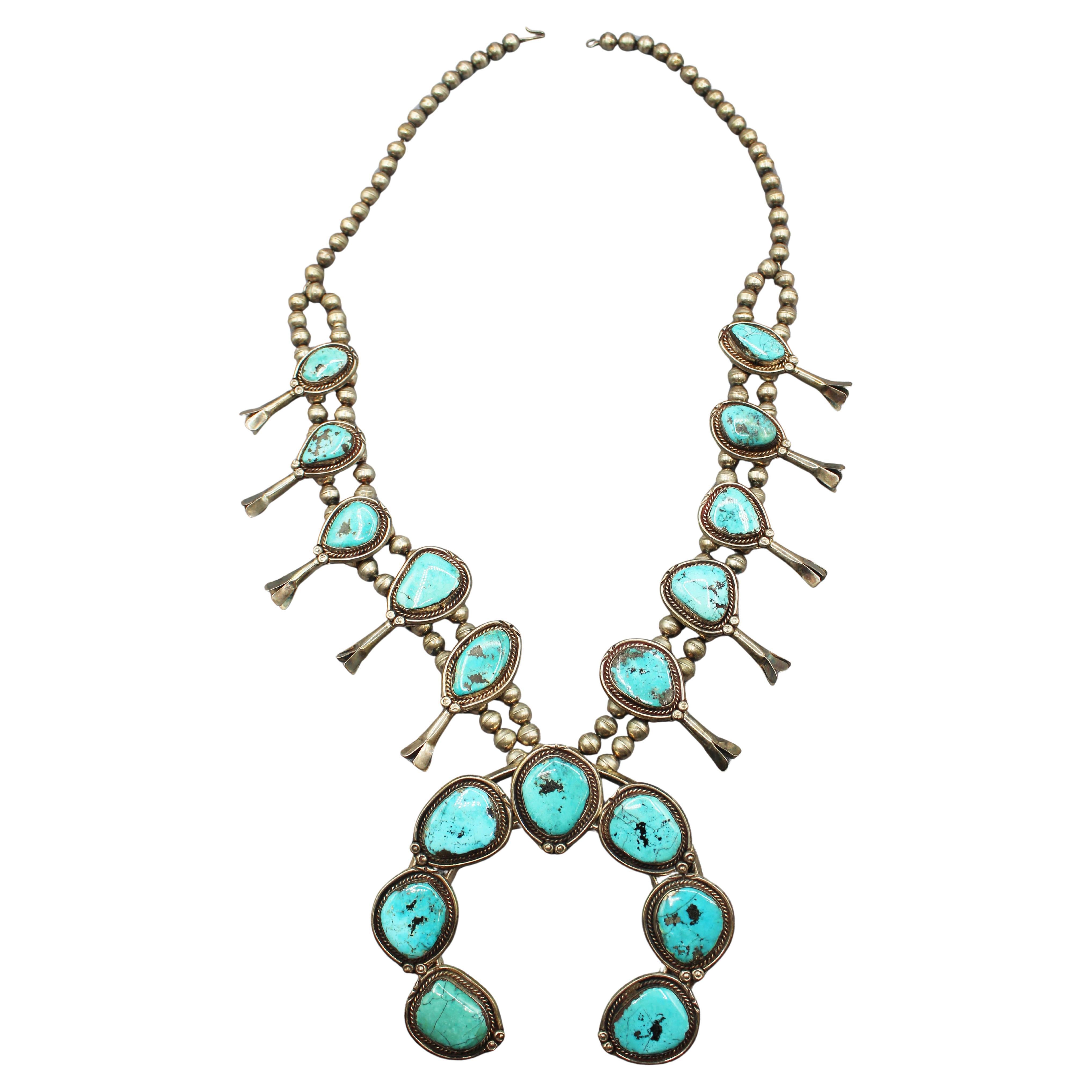 Early-Mid 20th Century Navajo Turquoise Sterling Silver Squash Blossom Necklace