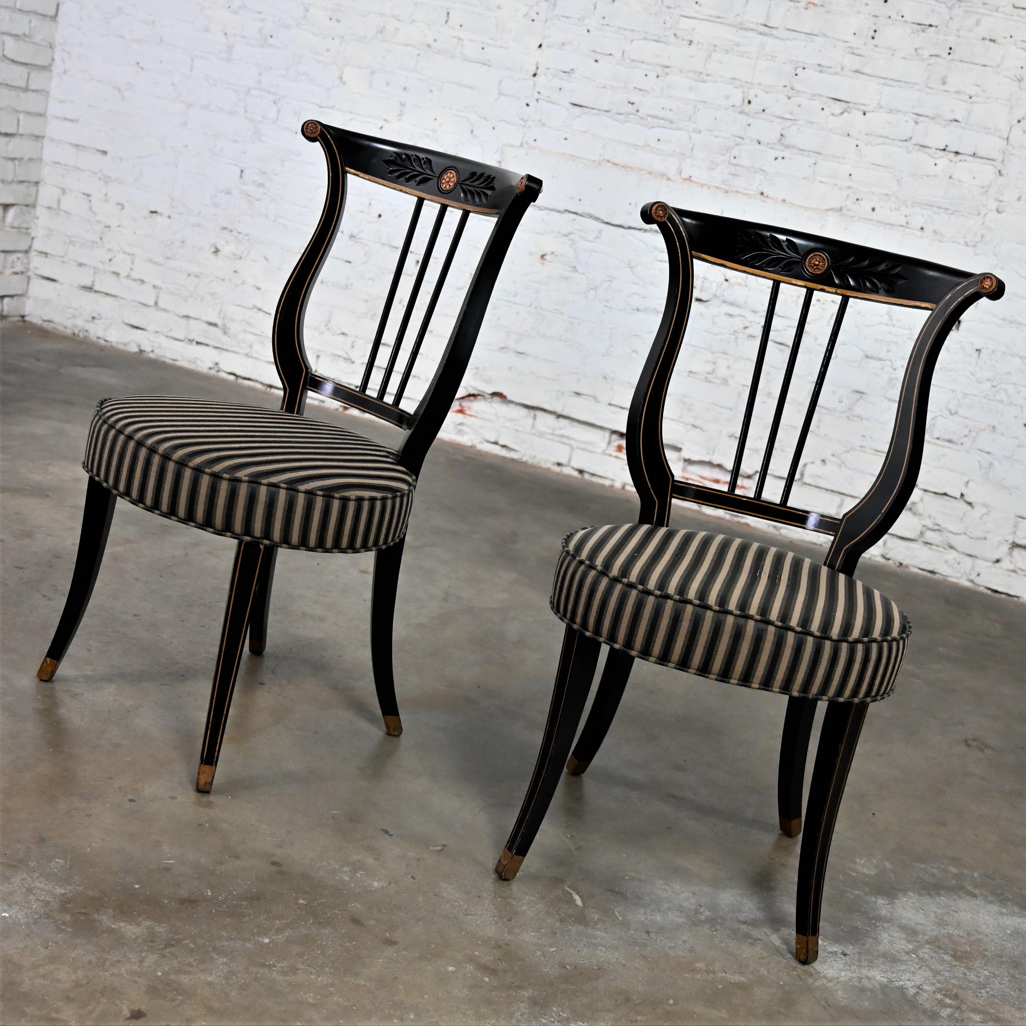 Early-Mid-20th Century Neoclassical Lyre Back Accent Chairs Black & Gold a Pair 2