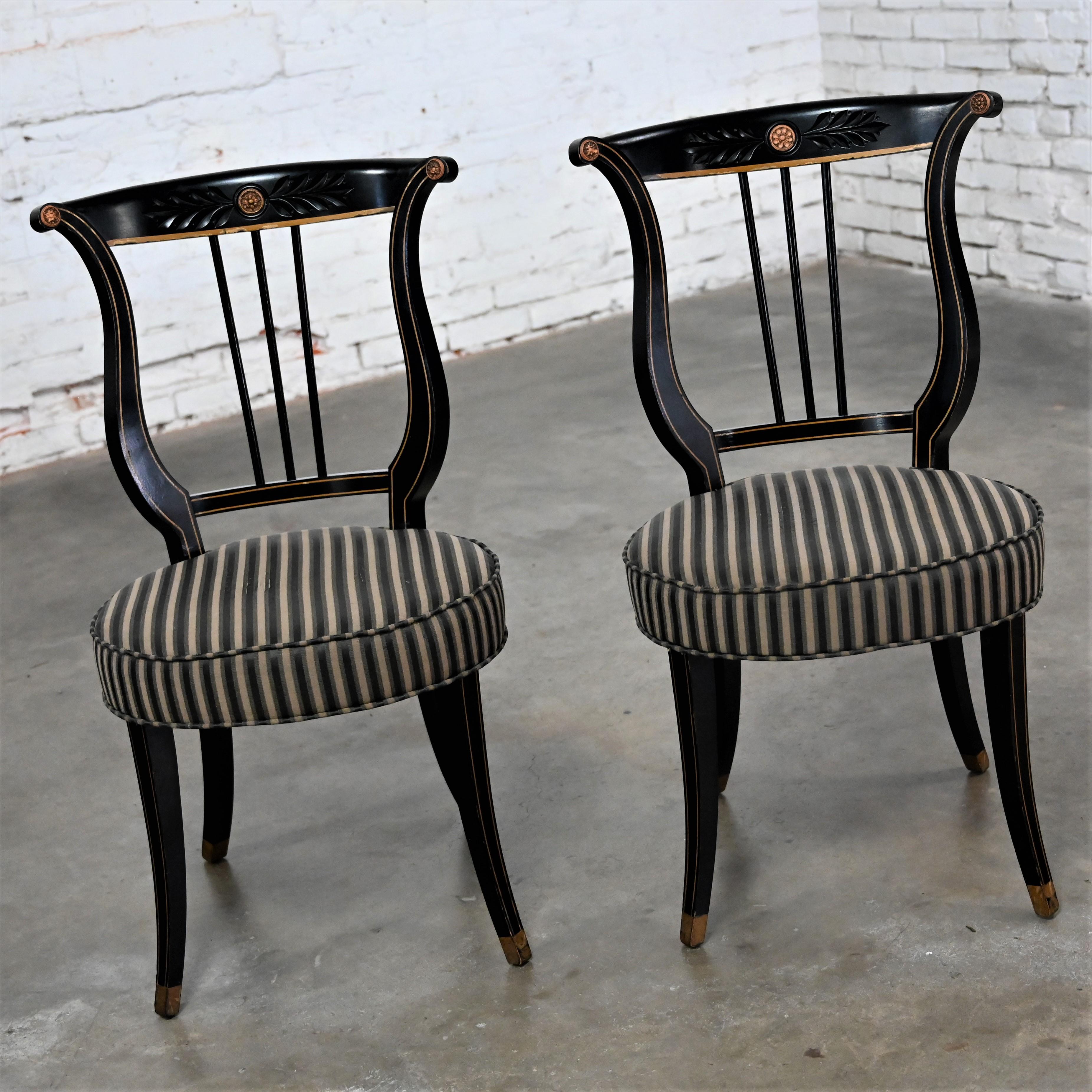 Early-Mid-20th Century Neoclassical Lyre Back Accent Chairs Black & Gold a Pair 3