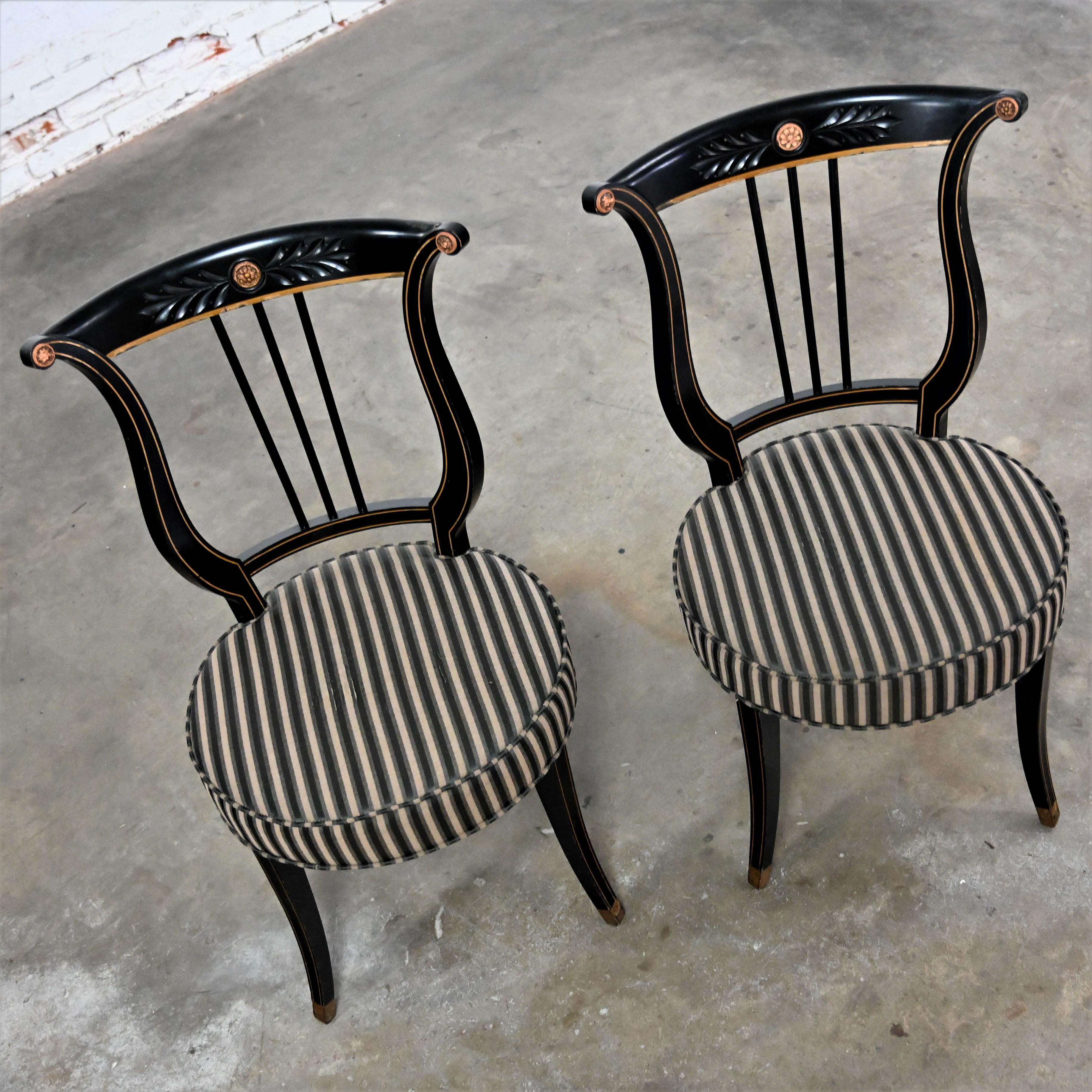 Early-Mid-20th Century Neoclassical Lyre Back Accent Chairs Black & Gold a Pair 4
