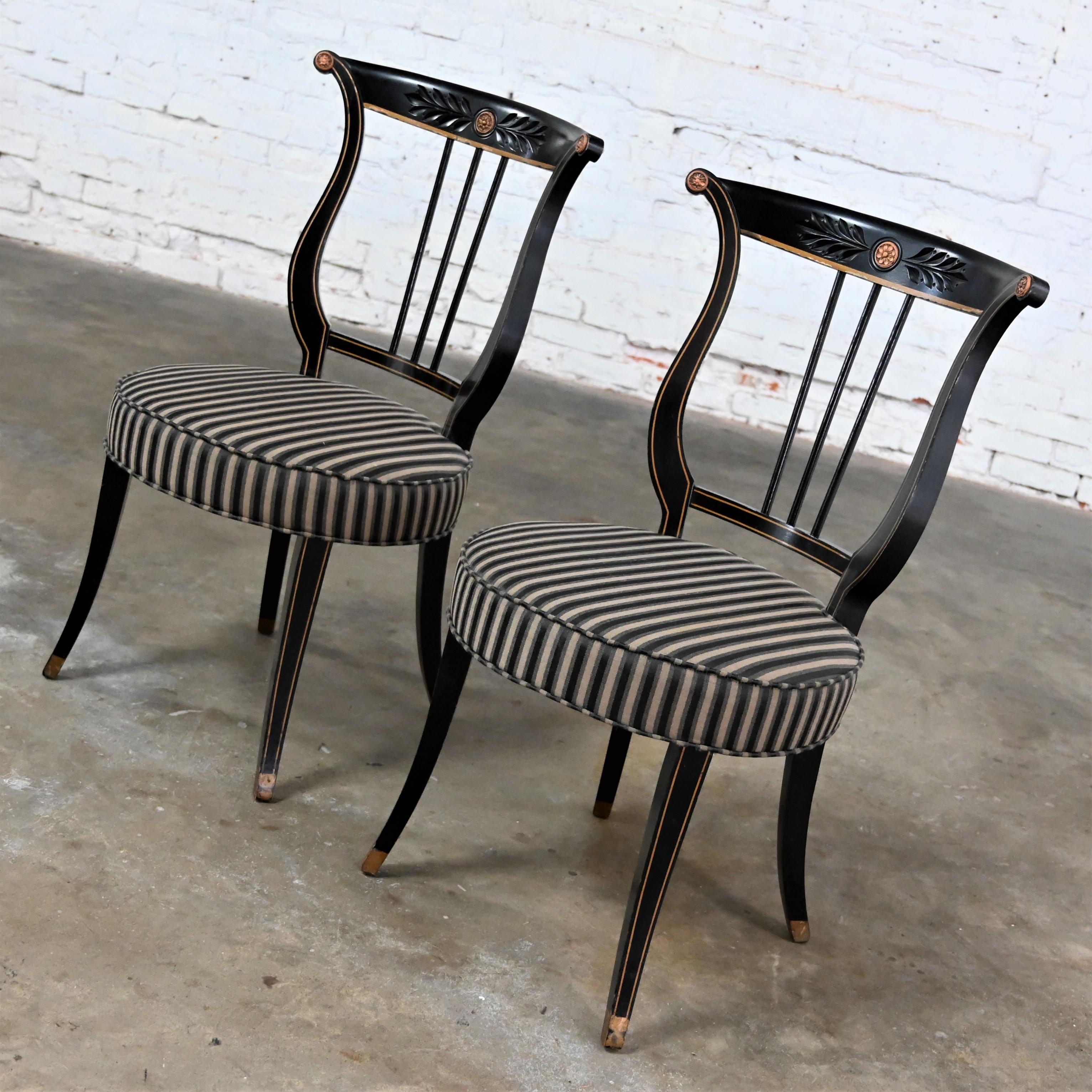 Early-Mid-20th Century Neoclassical Lyre Back Accent Chairs Black & Gold a Pair 5