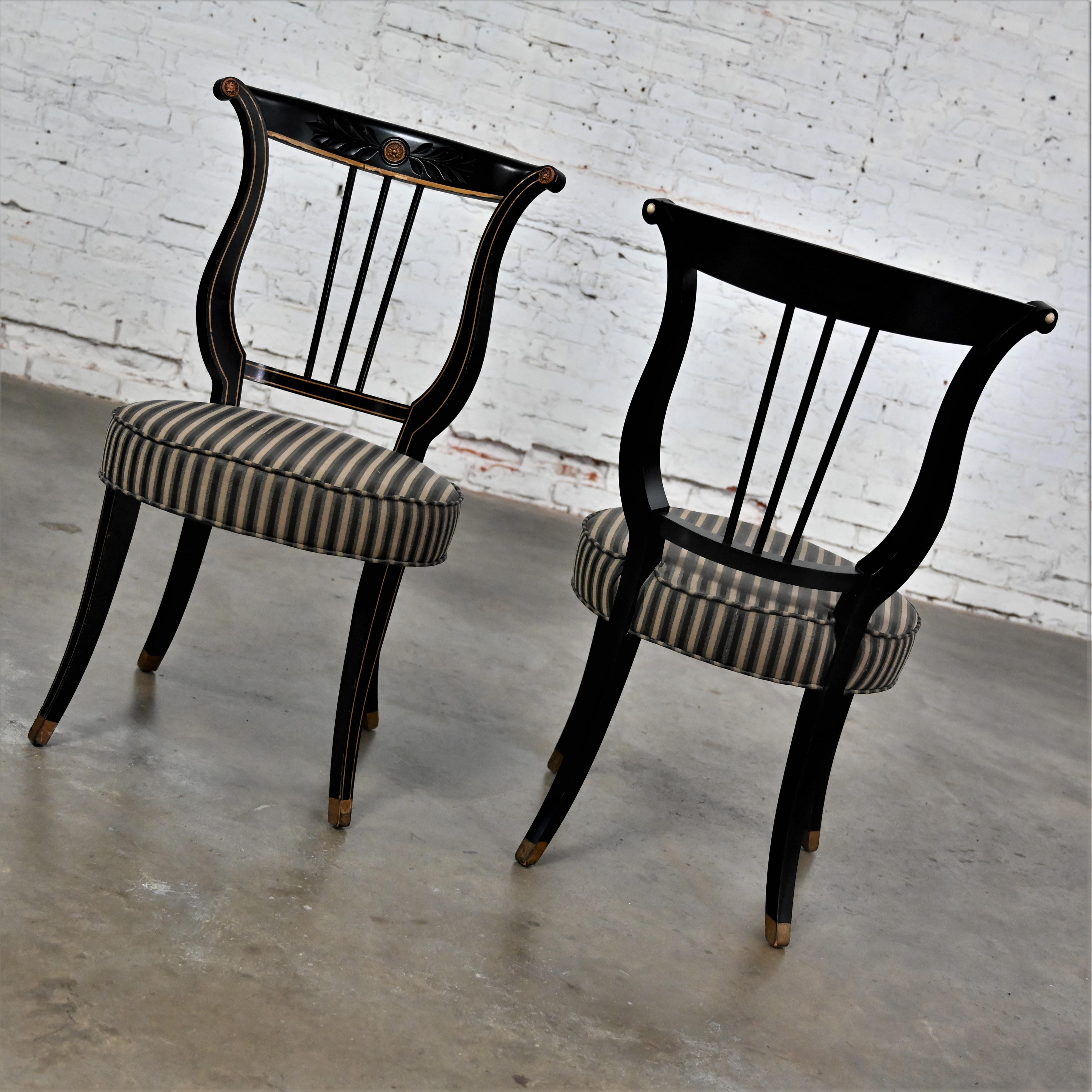 Neoclassical Revival Early-Mid-20th Century Neoclassical Lyre Back Accent Chairs Black & Gold a Pair